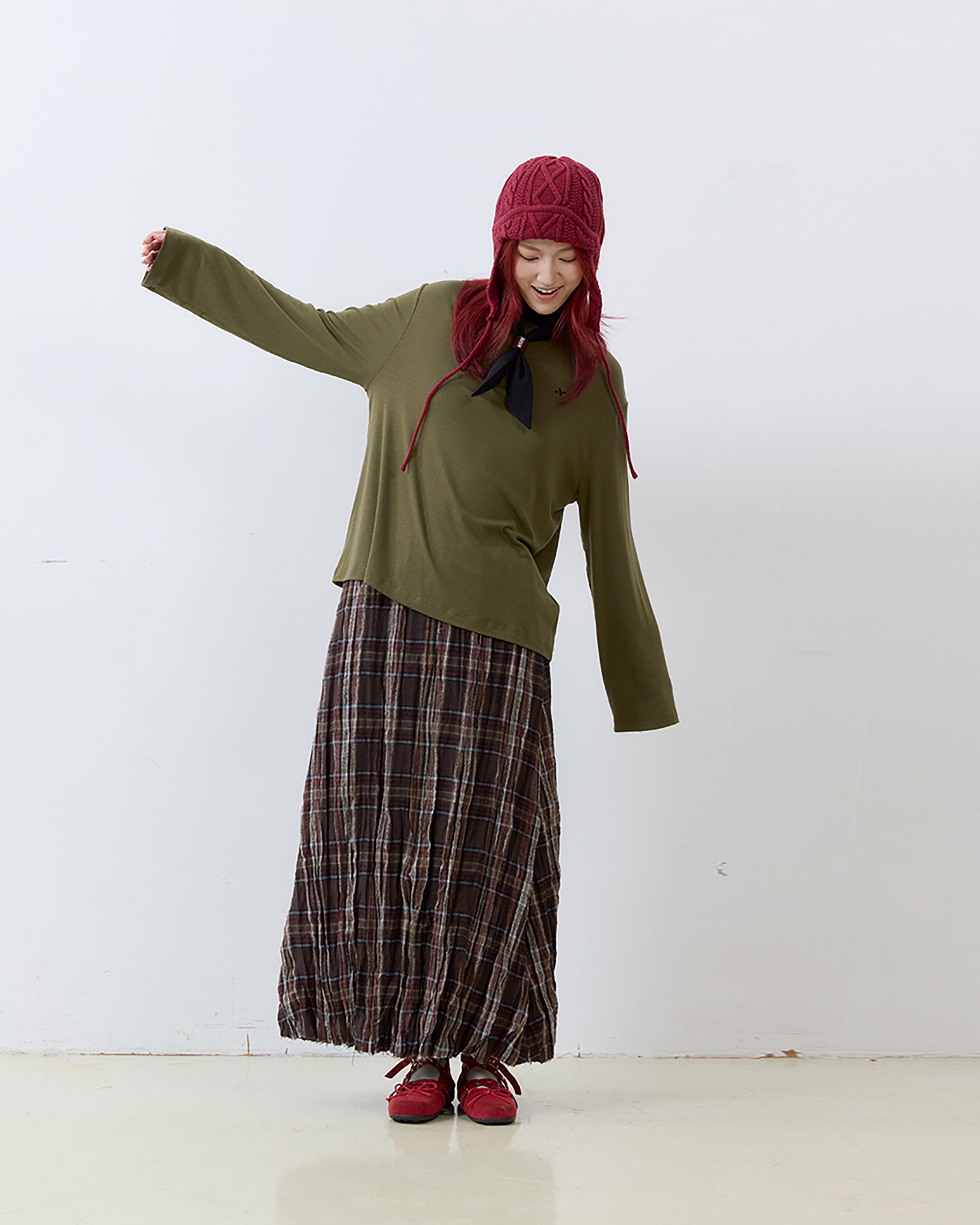 NOESE Crinkled Plaid Woo-Blend Maxi Skirt