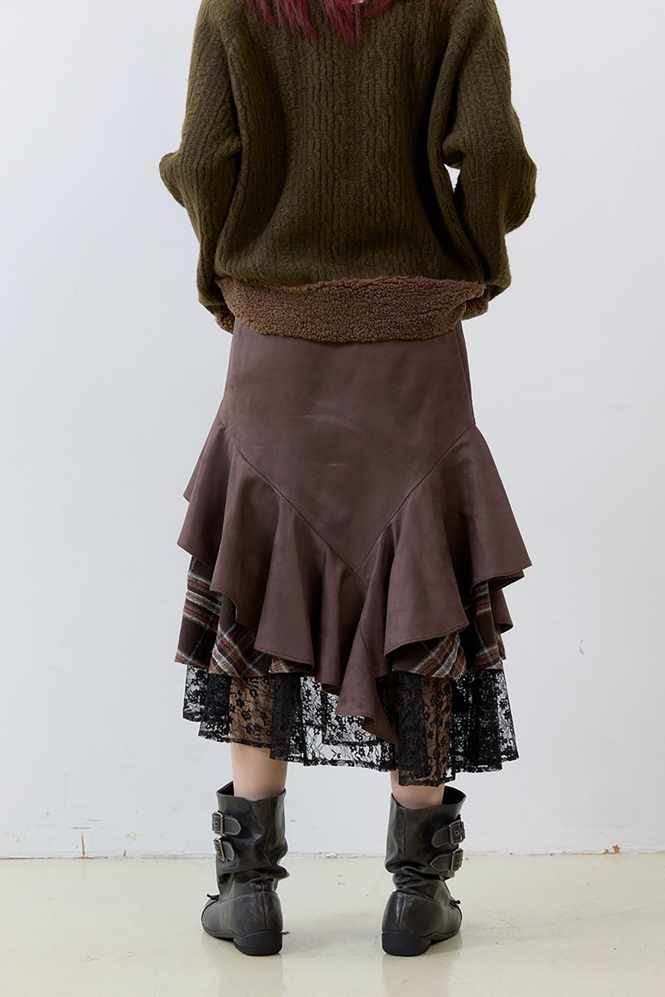 NOESE Asymmetrical Spliced Plaid-Lace Layered Ruffle Skirt