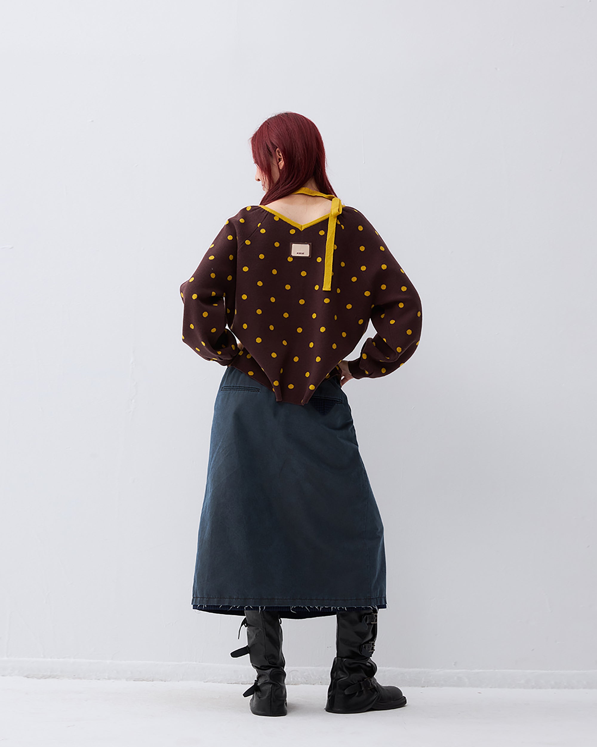 NOESE Contrast Dot Tie-Neck Zip-Up Cardigan