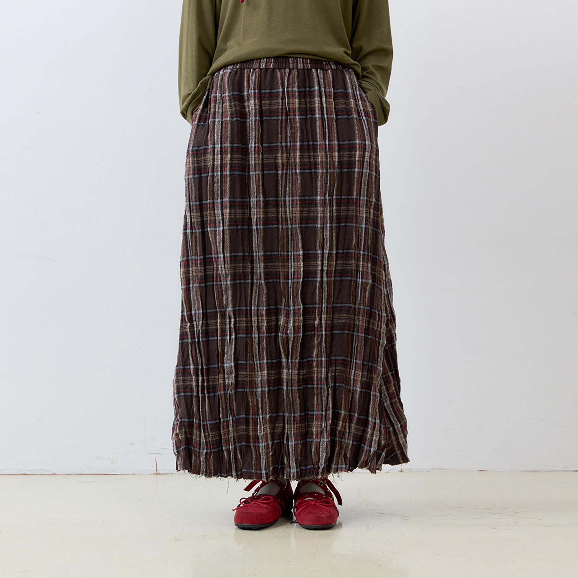 NOESE Crinkled Plaid Woo-Blend Maxi Skirt