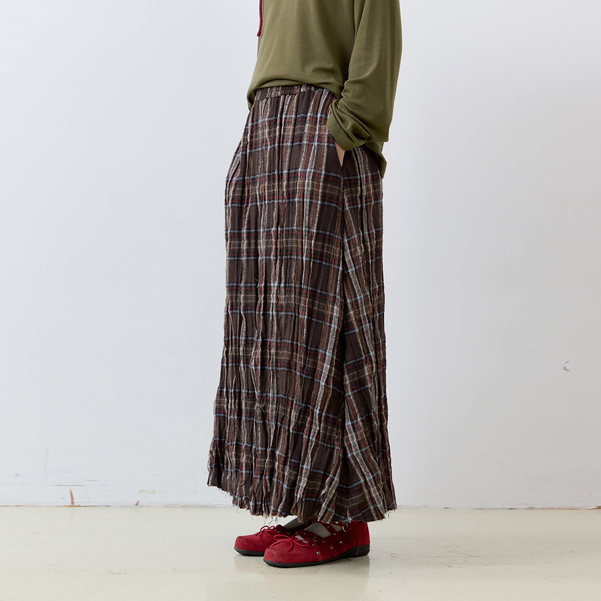 NOESE Crinkled Plaid Woo-Blend Maxi Skirt