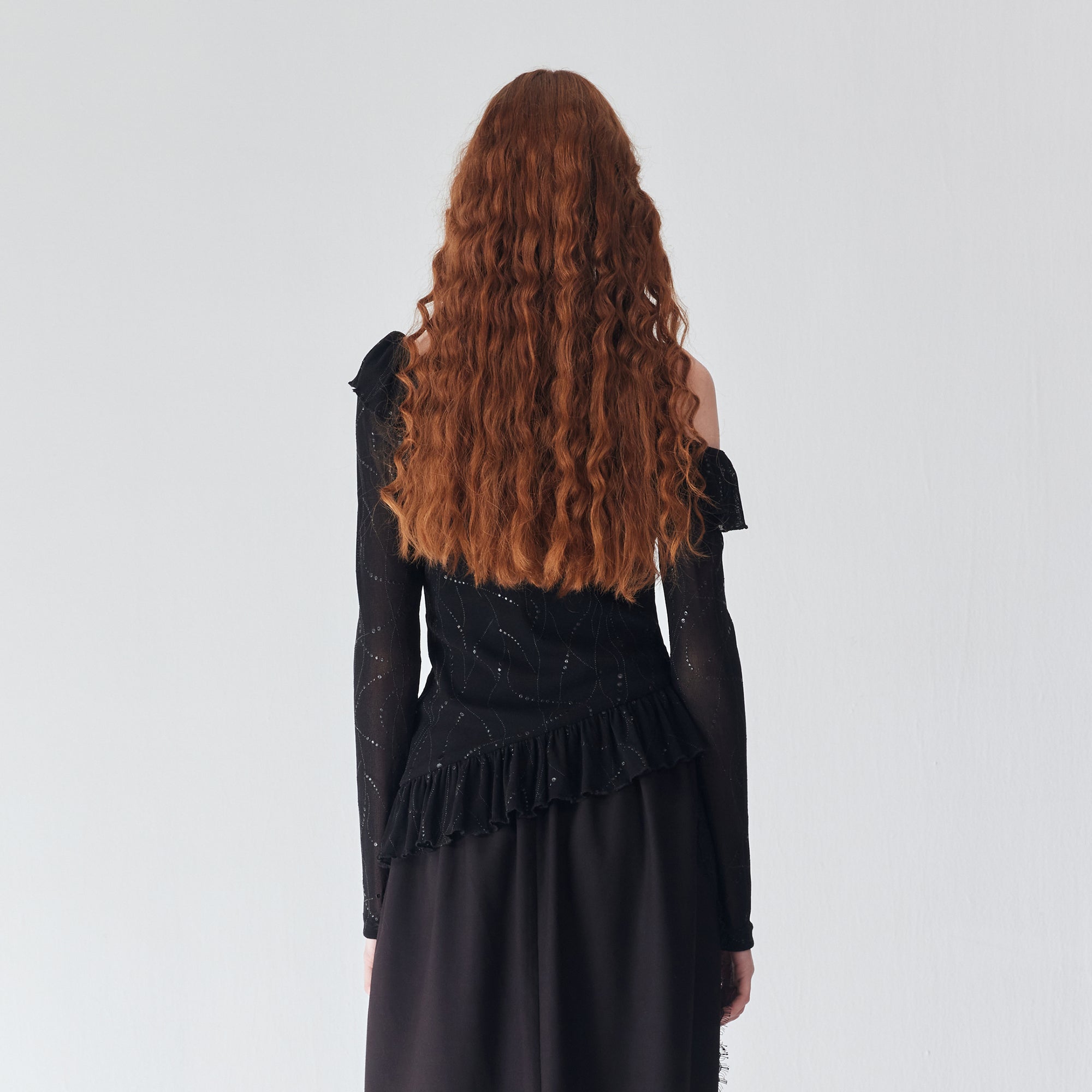 JIUWU PARK Off-Shoulder Ruffle-Hem Mesh Long-Sleeve Tee
