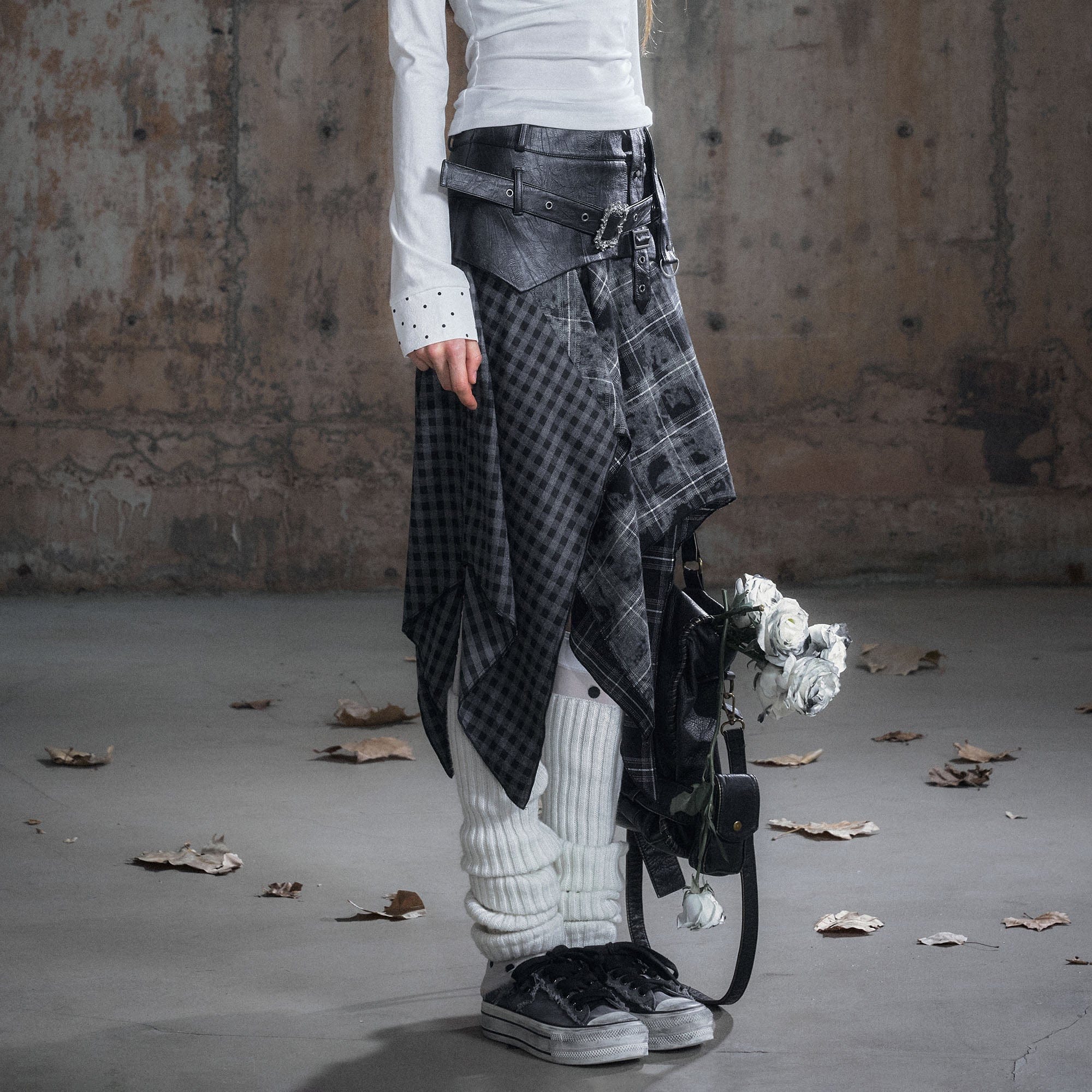 CESTNOUS Asymmetrical Belted Faux Leather Waist Skirt