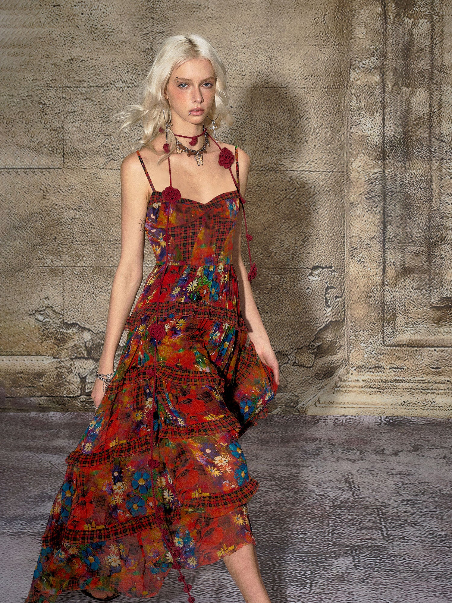 THE NEVERMORE Floral Plaid Tiered Maxi Dress