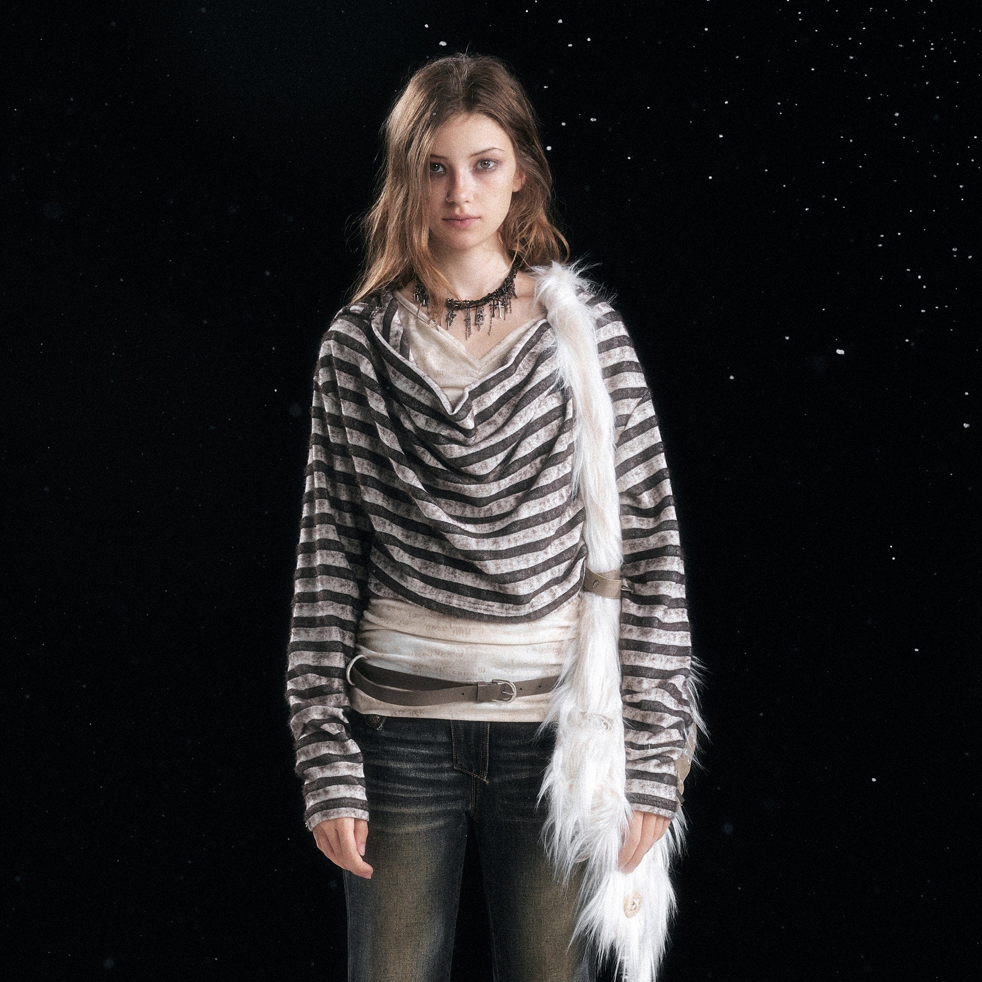 CESTNOUS Distressed Drape Layered Hooded Long-Sleeve Tee