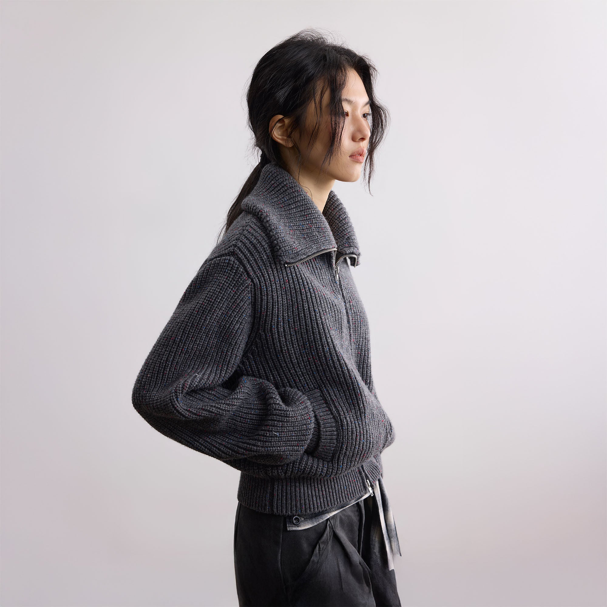 SAME FLOW Ribbed Oversized Polo Zip-Up Cardigan