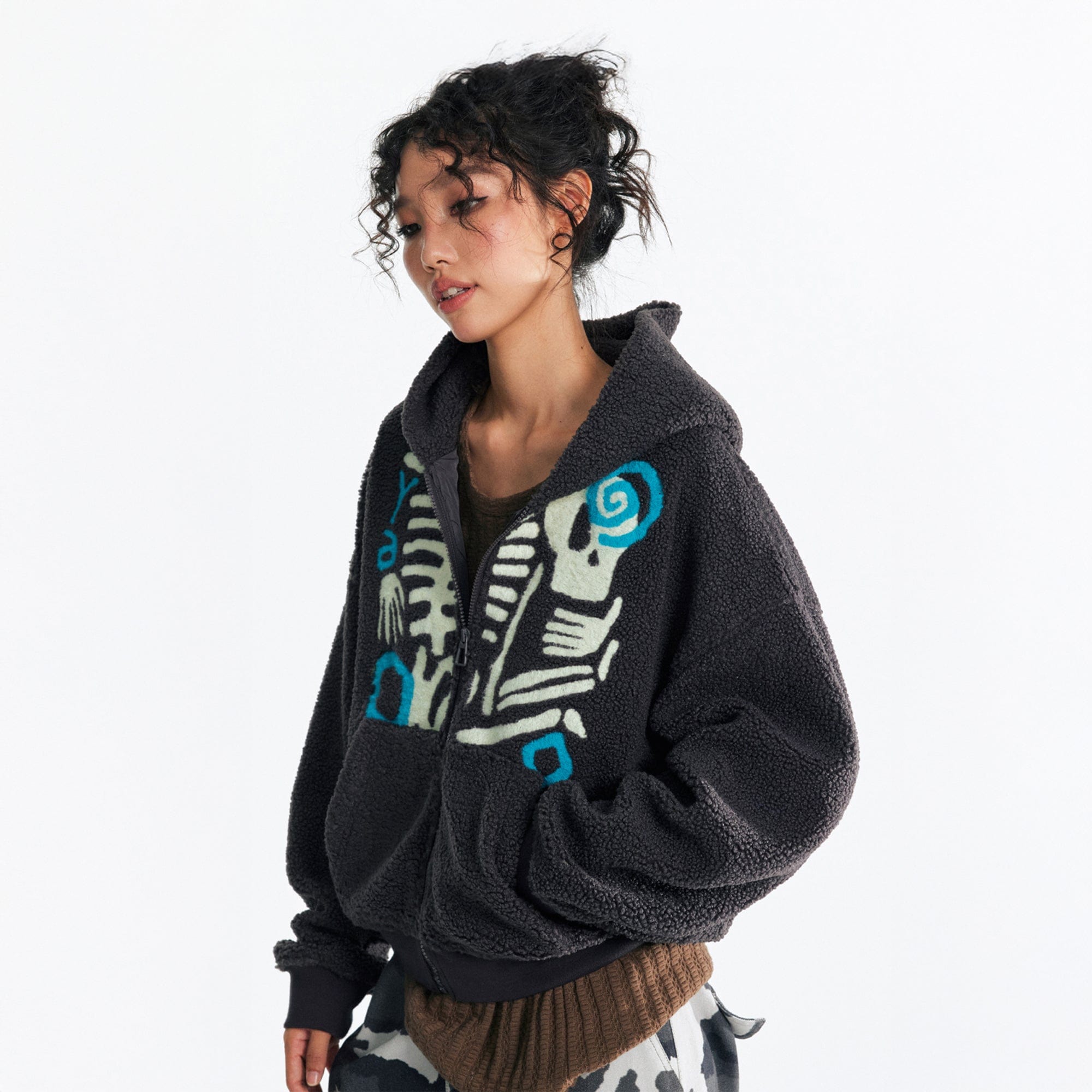 1997 POSTOFFICE Skeleton Graphic Zip-Up Fleece Hoodie