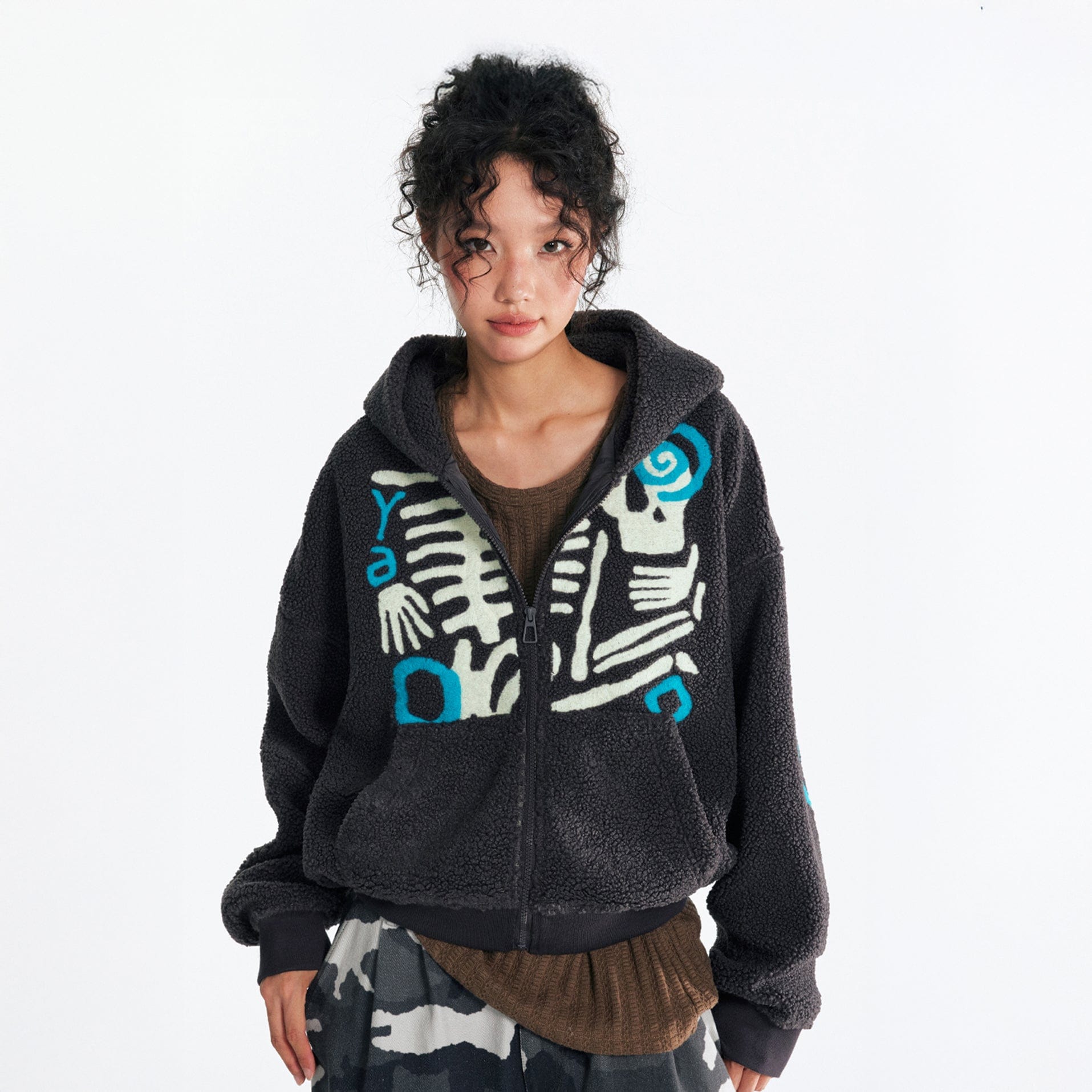 1997 POSTOFFICE Skeleton Graphic Zip-Up Fleece Hoodie