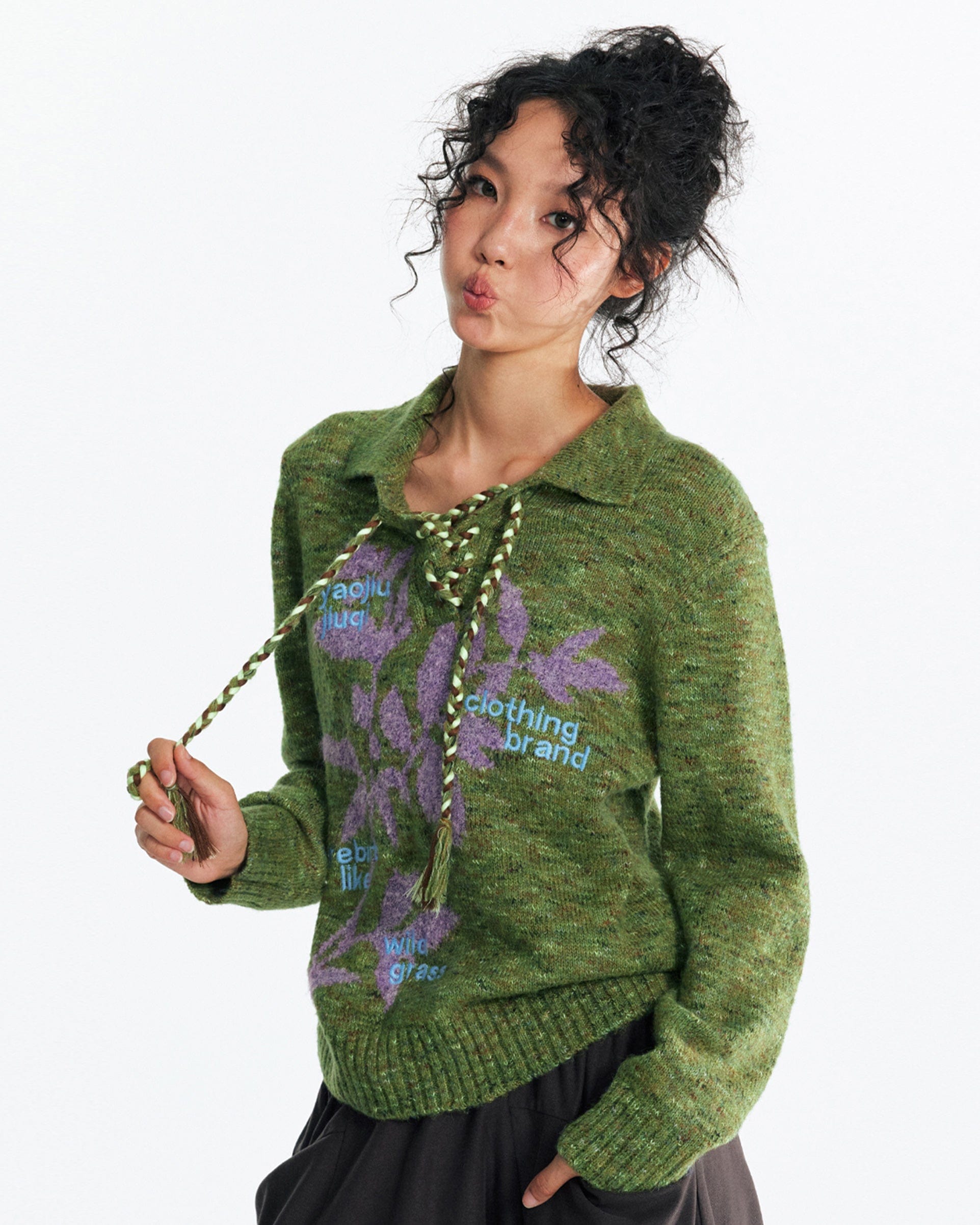 1997 POSTOFFICE Sesame Leaf Jacquard Lace-Up Sweater