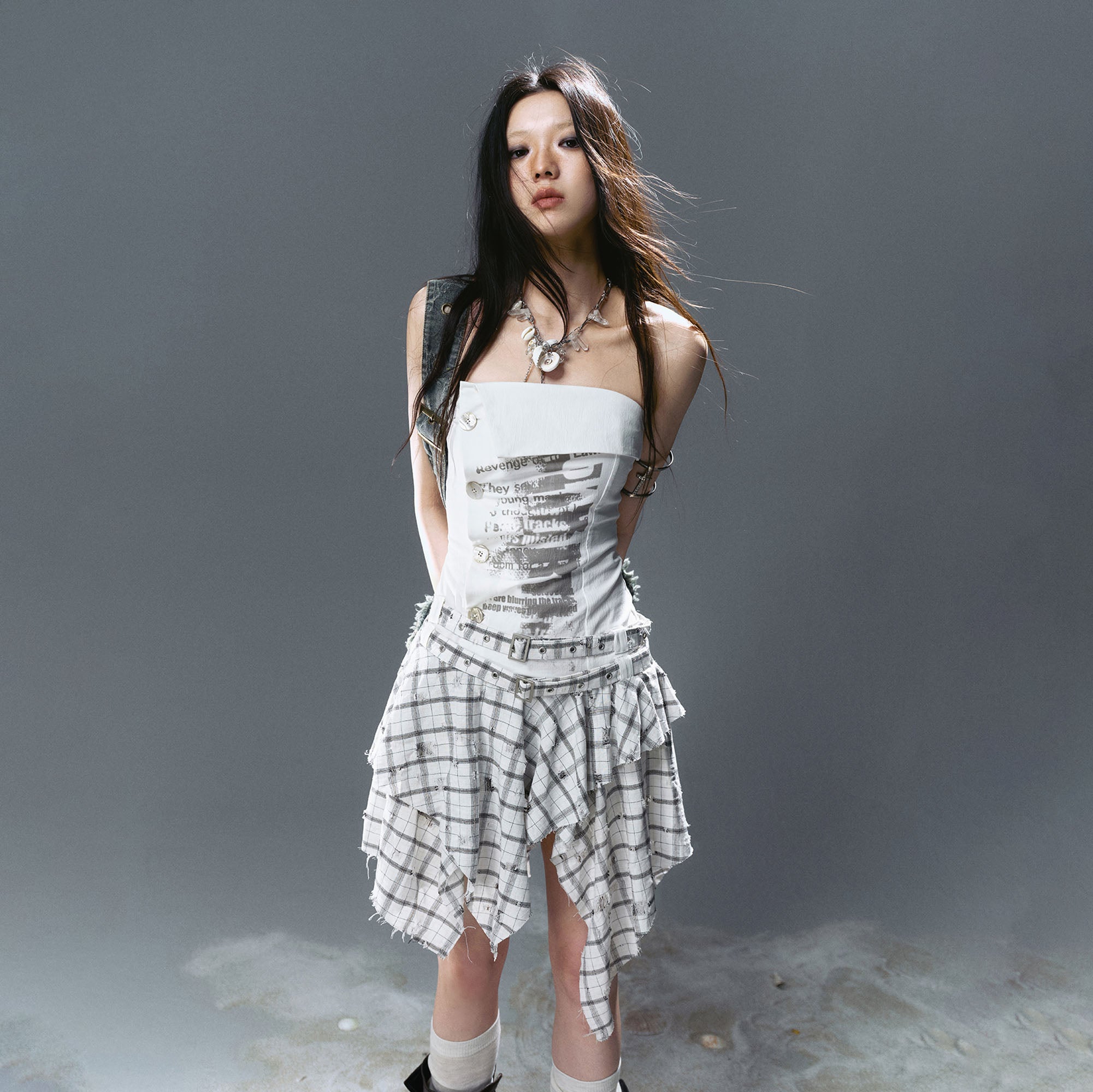 CESTNOUS Plaid Panel Graffiti Ruched Tube Dress