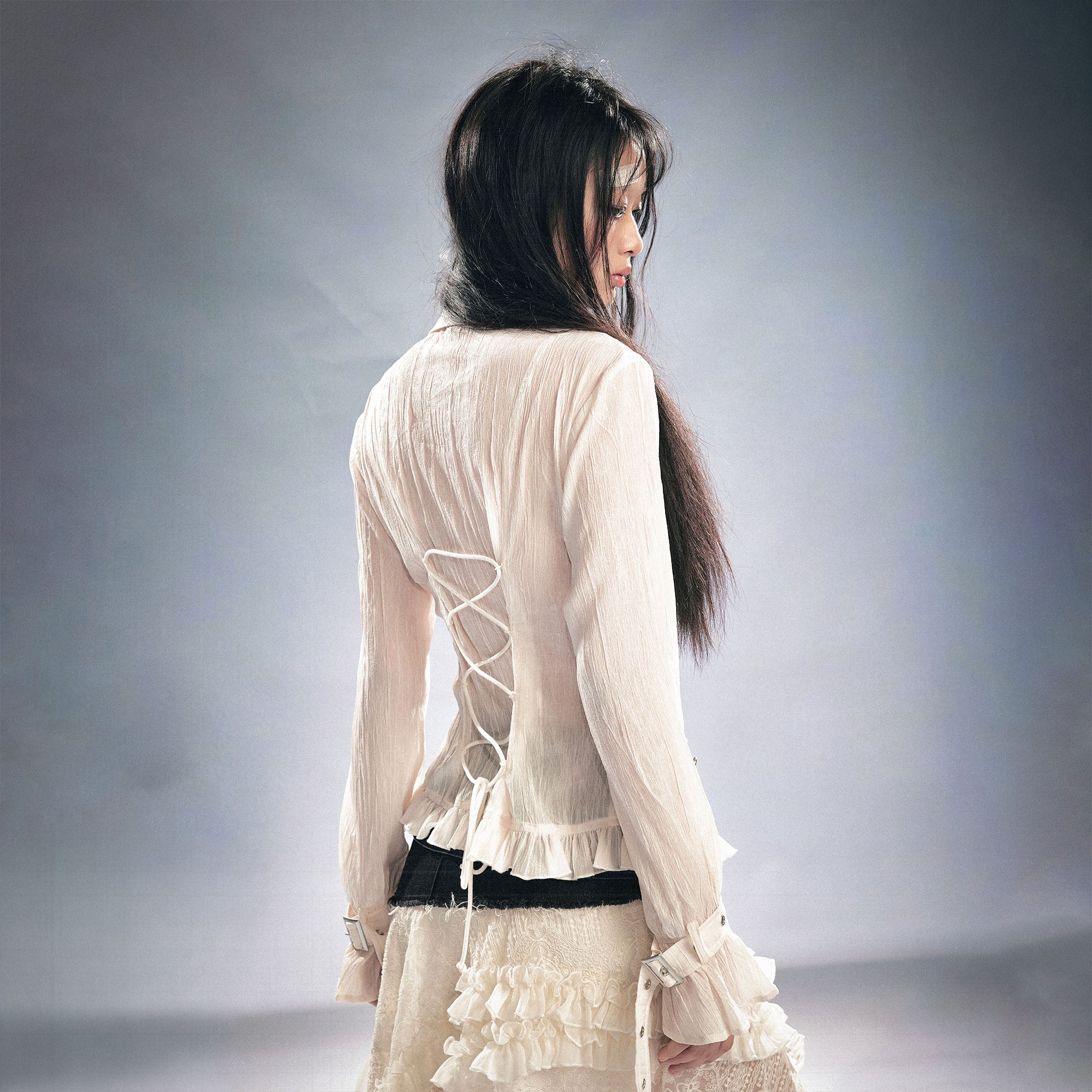 CESTNOUS Crinkled Ruffle Sheer Blouse