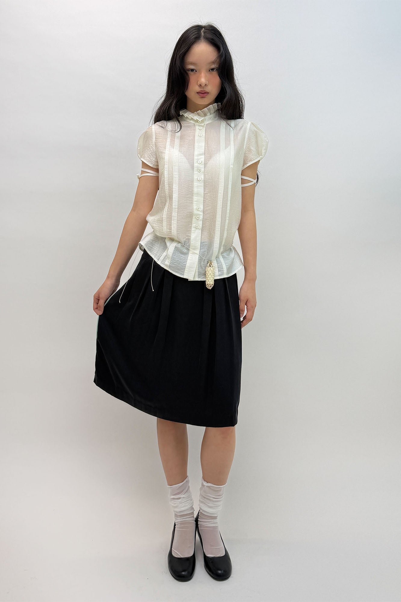 NEVERSEEZ Ruffle-Collar Paneled Puff-Sleeve Shirt