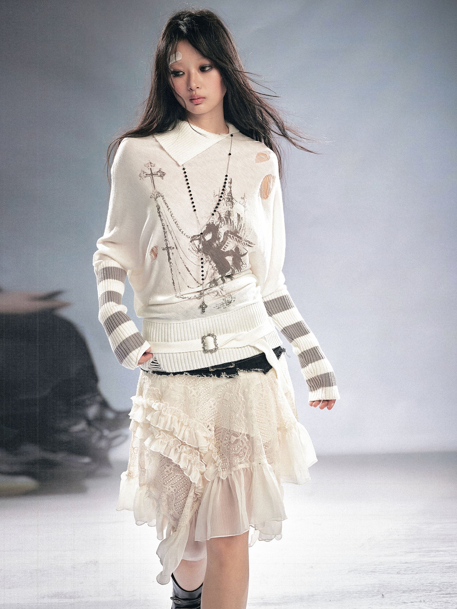 CESTNOUS Gothic Graphic Striped Bat-Sleeve Sweater
