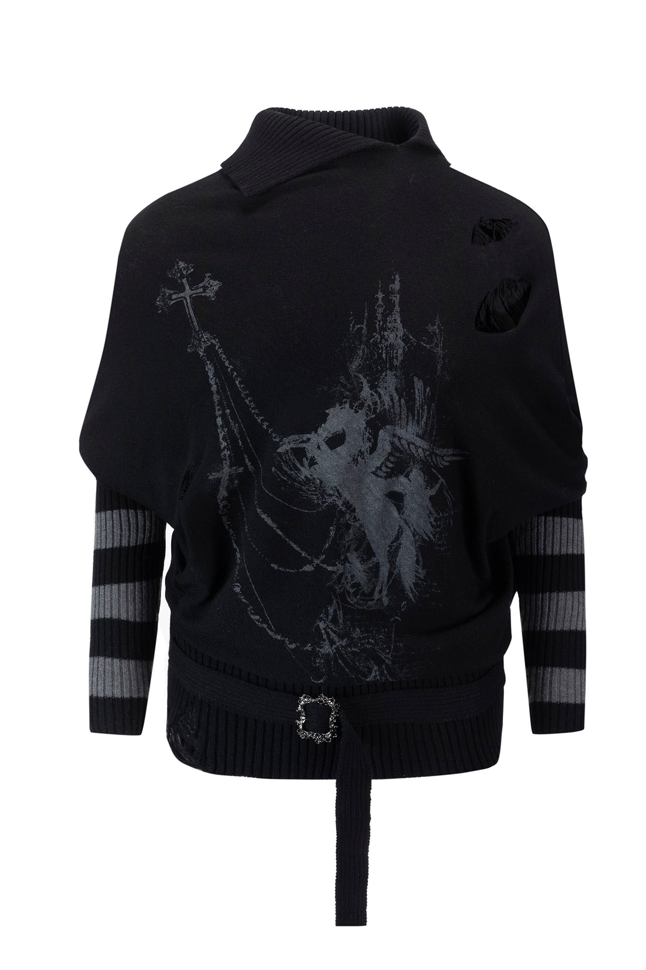 CESTNOUS Gothic Graphic Striped Bat-Sleeve Sweater