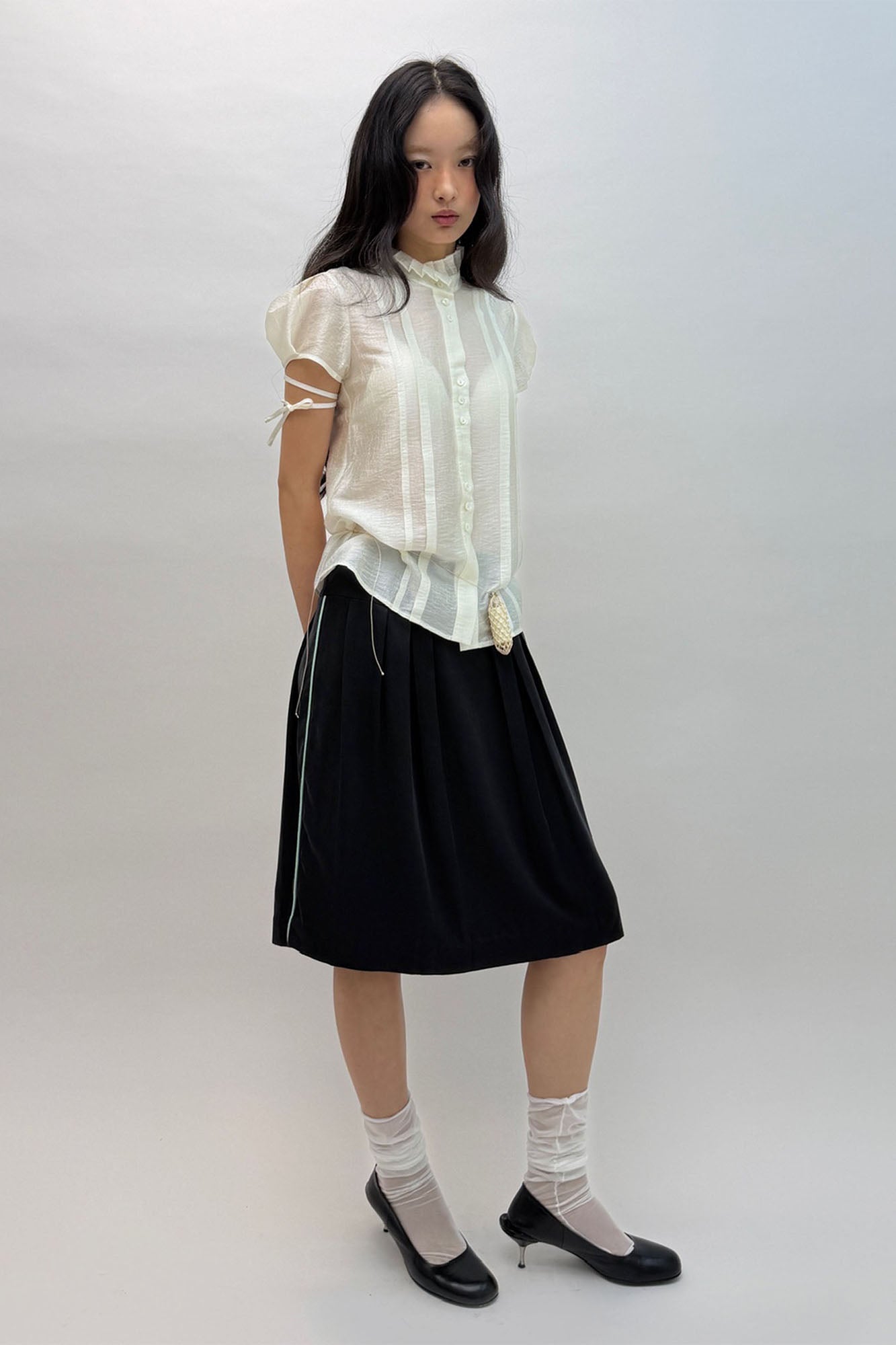 NEVERSEEZ Pleated Bubble Hem Midi Skirt