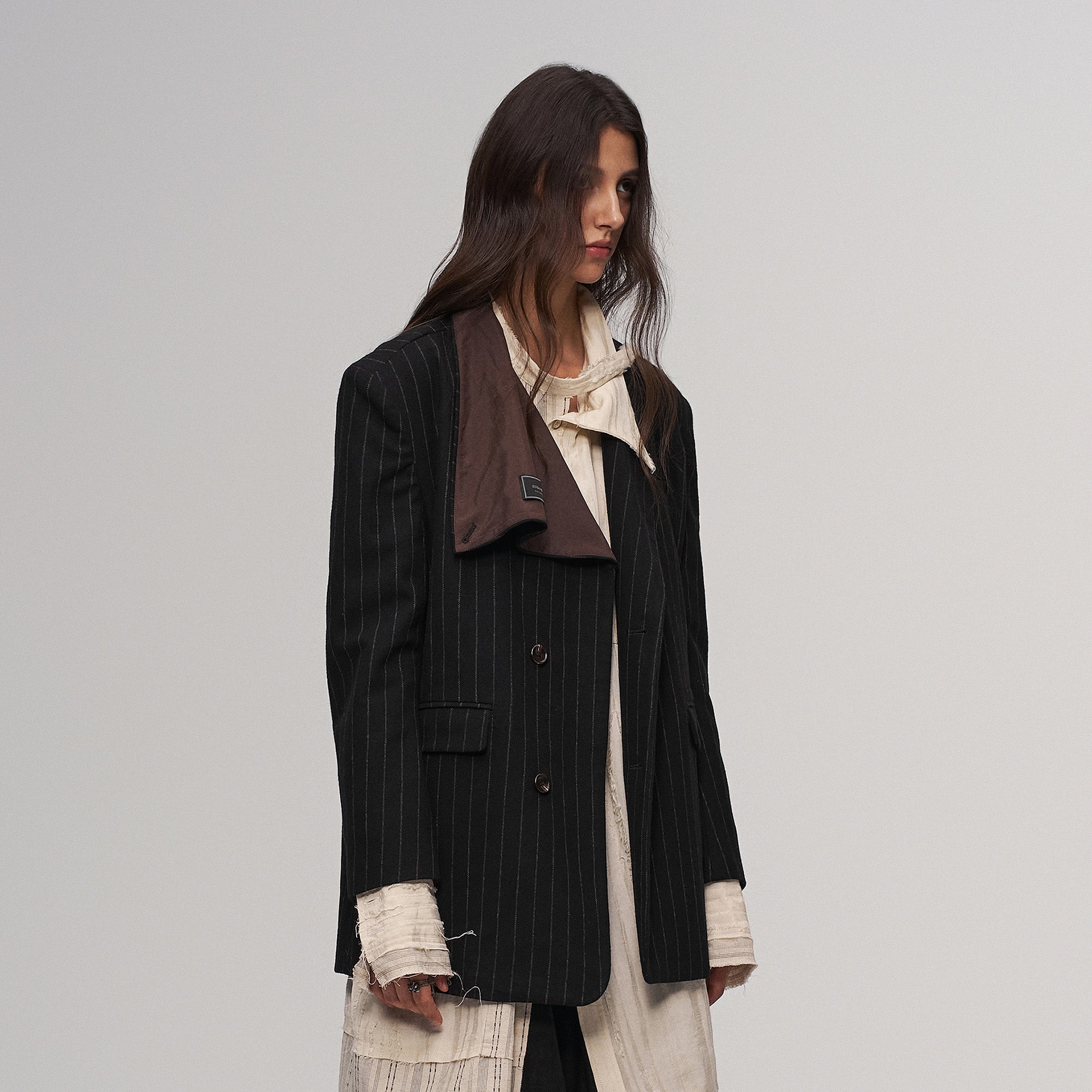 ILNya Nieternite Nifutur Asym Pinstripe Draped Flap Wool Blazer