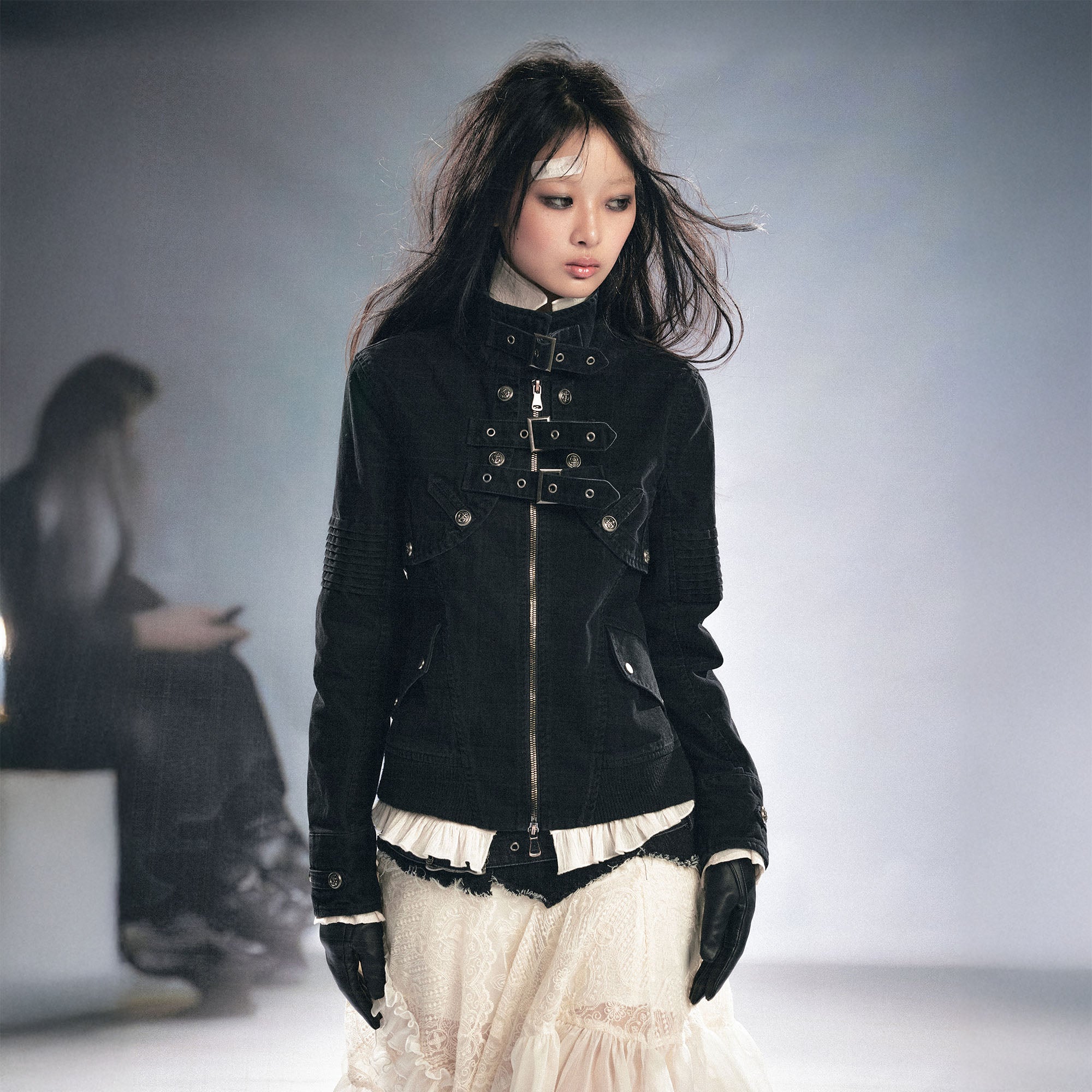 CESTNOUS Detachable Buckle-Strap Lace-Up Back Jacket