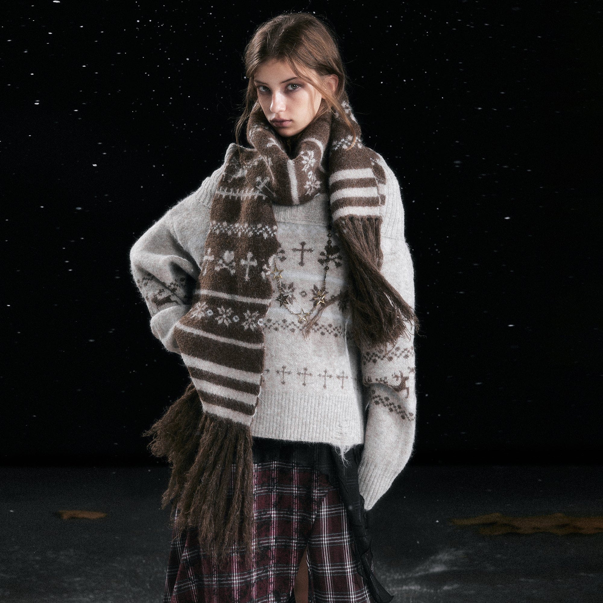 CESTNOUS Fair Isle Jacquard Fringe Scarf