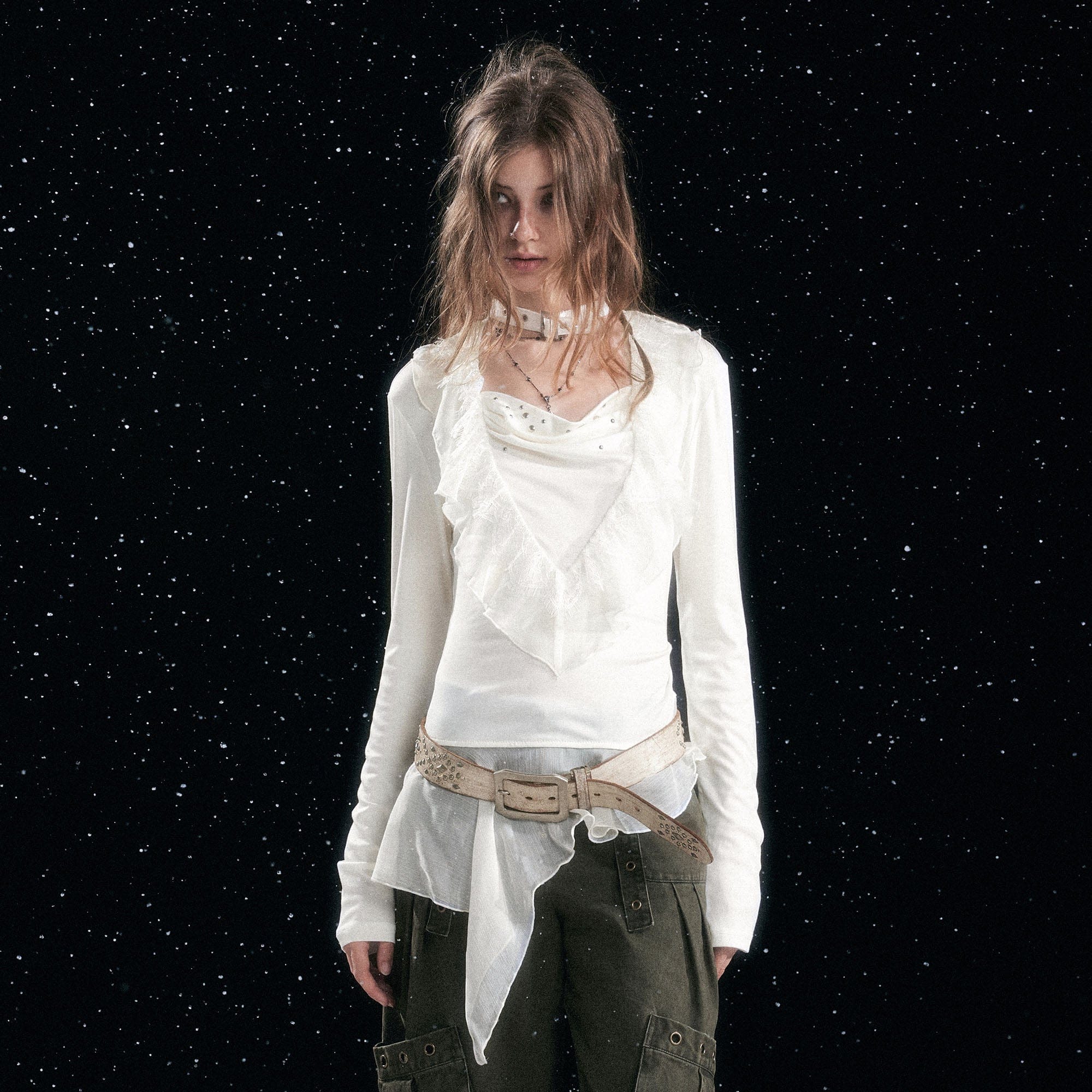 CESTNOUS Studded Ruffled Paneled Top