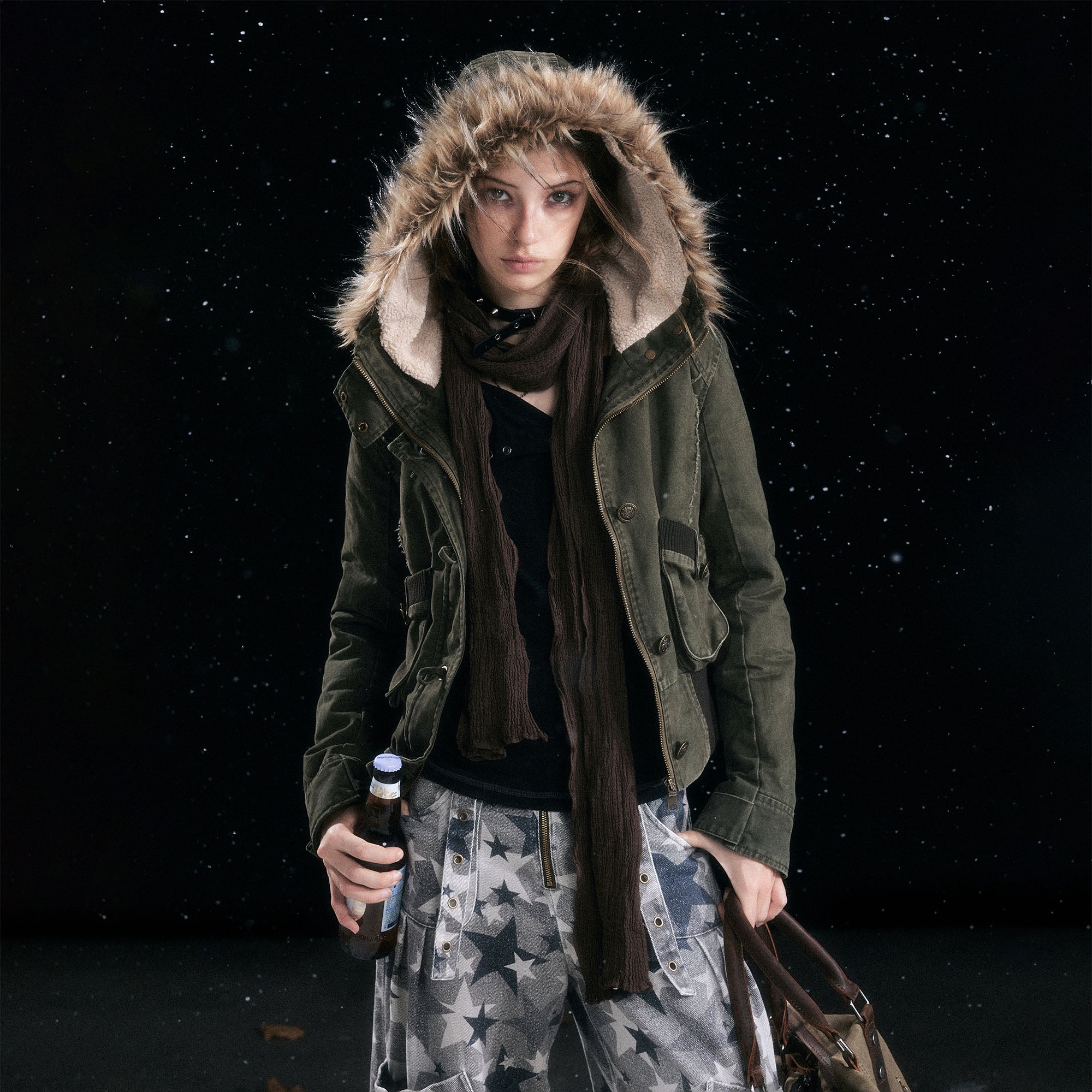 CESTNOUS Washed Military Faux-Fur Hooded Padded Jacket