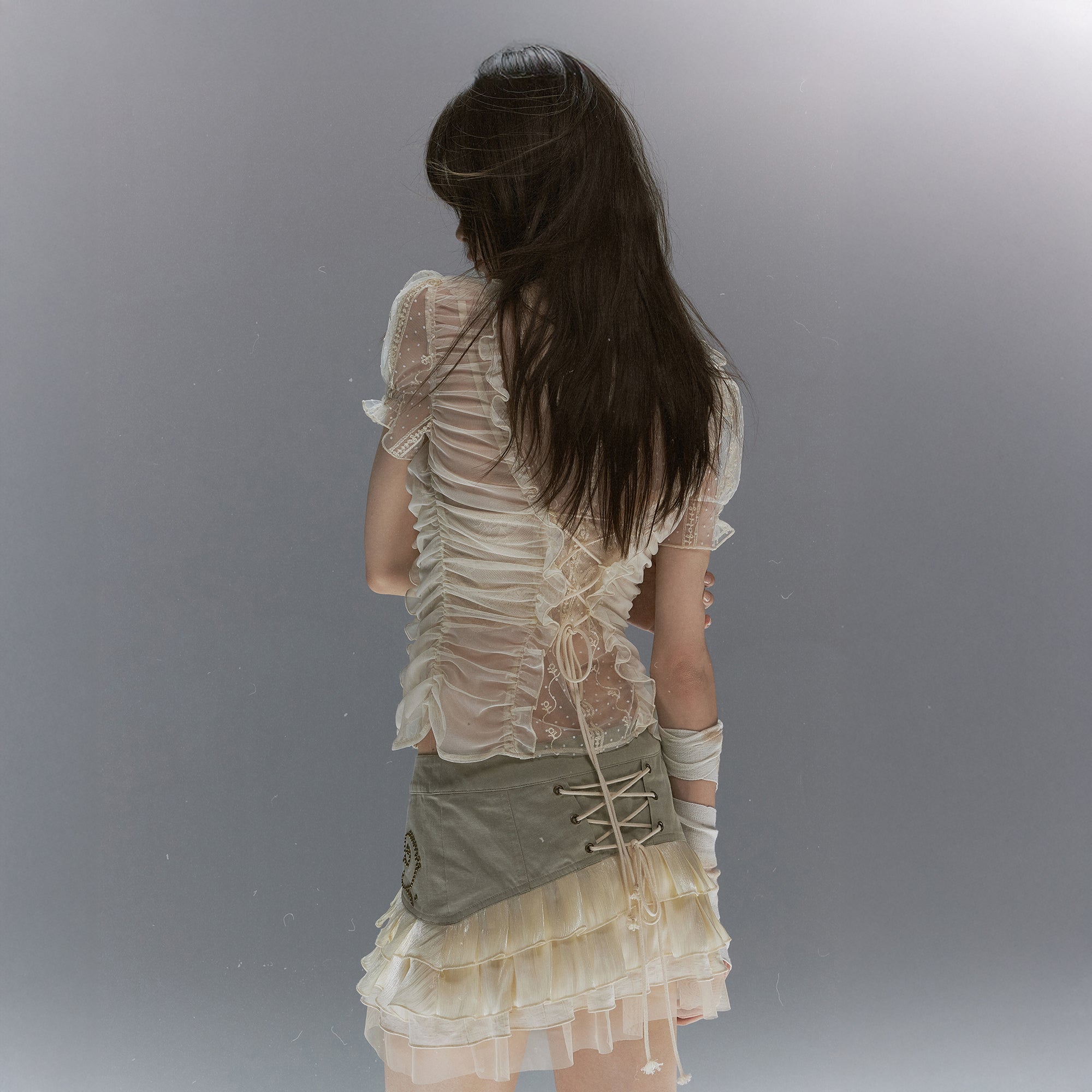 CESTNOUS Sheer Lace Ruched Puff-Sleeve Blouse
