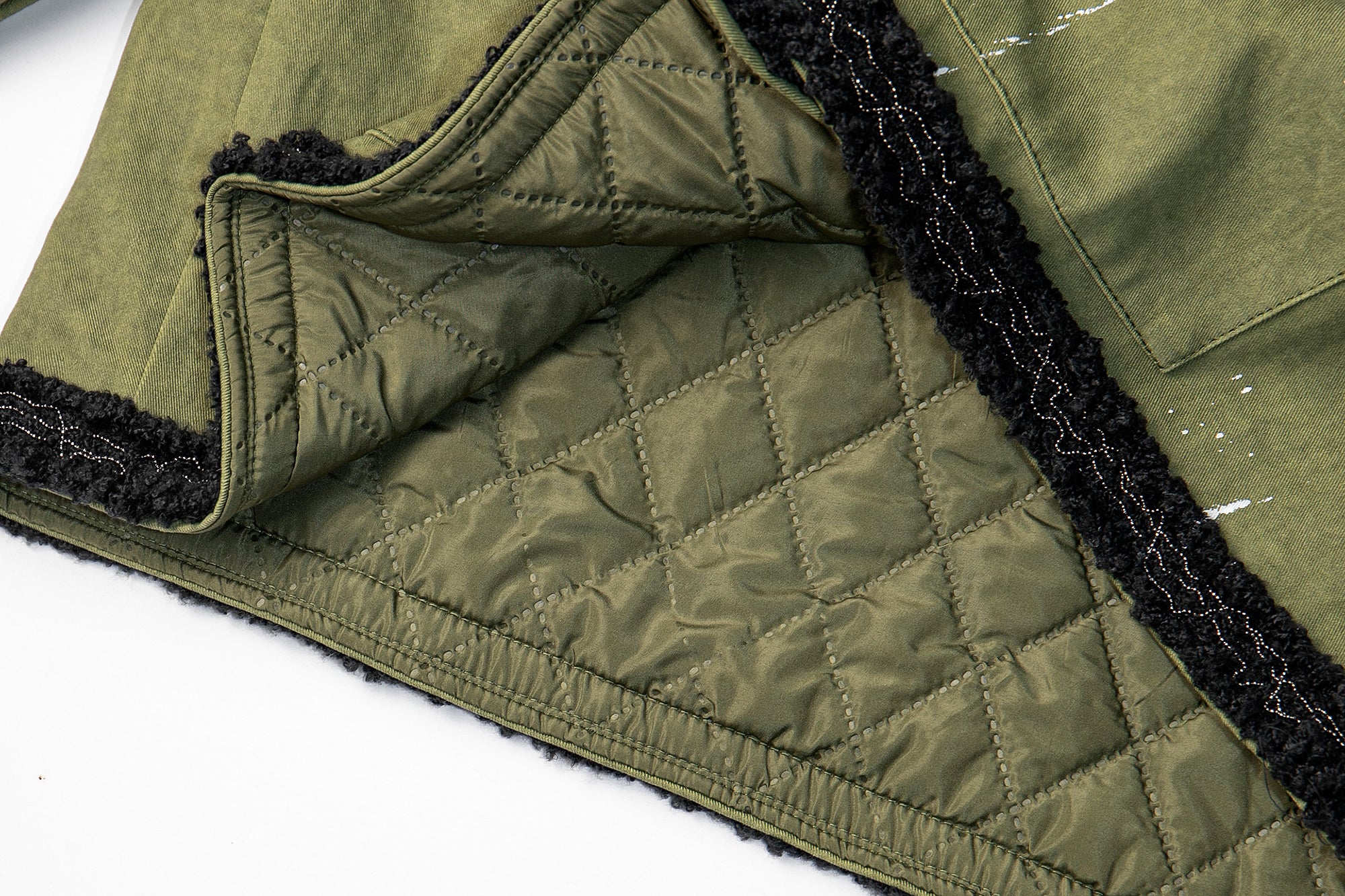 LEONSENSE Paneled Fleece Trim Paint-Splattered Jacket