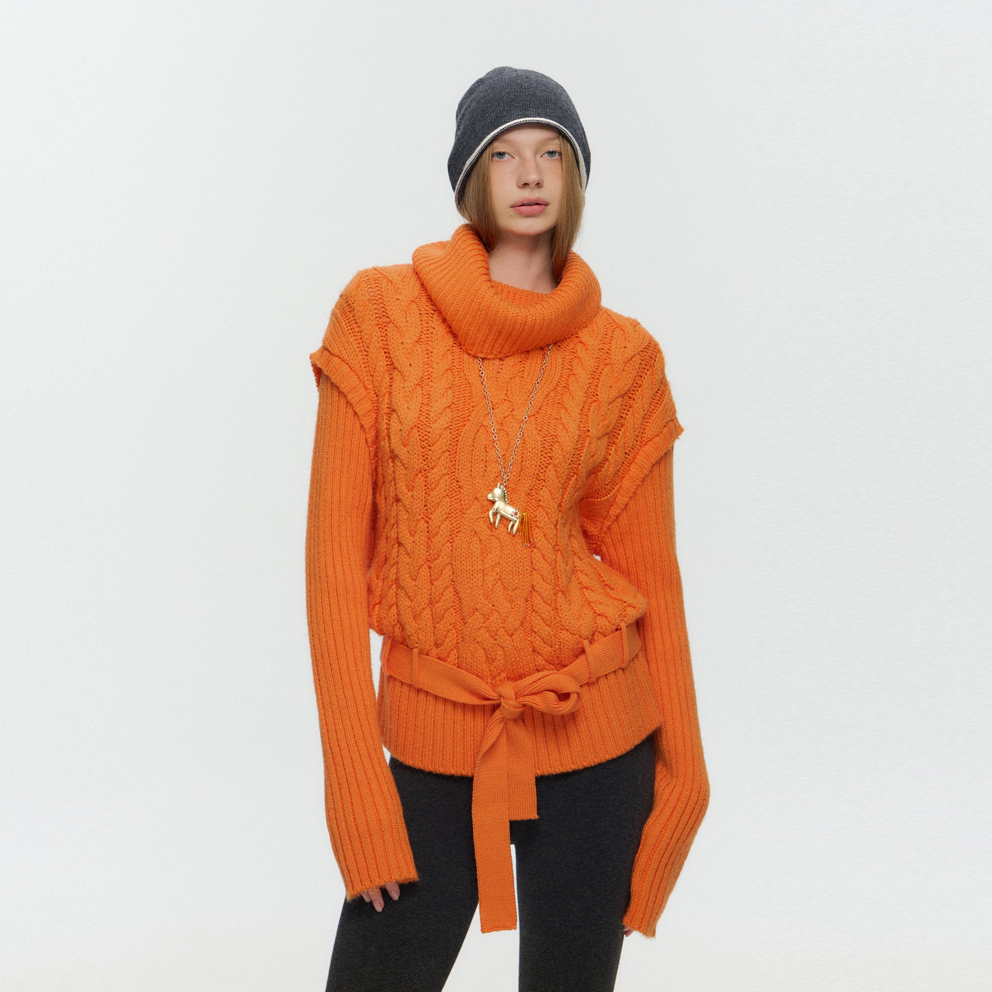 10AMSOTIIIIIIRED Spliced Cable-Knit Wool-Blend Belted Sweater