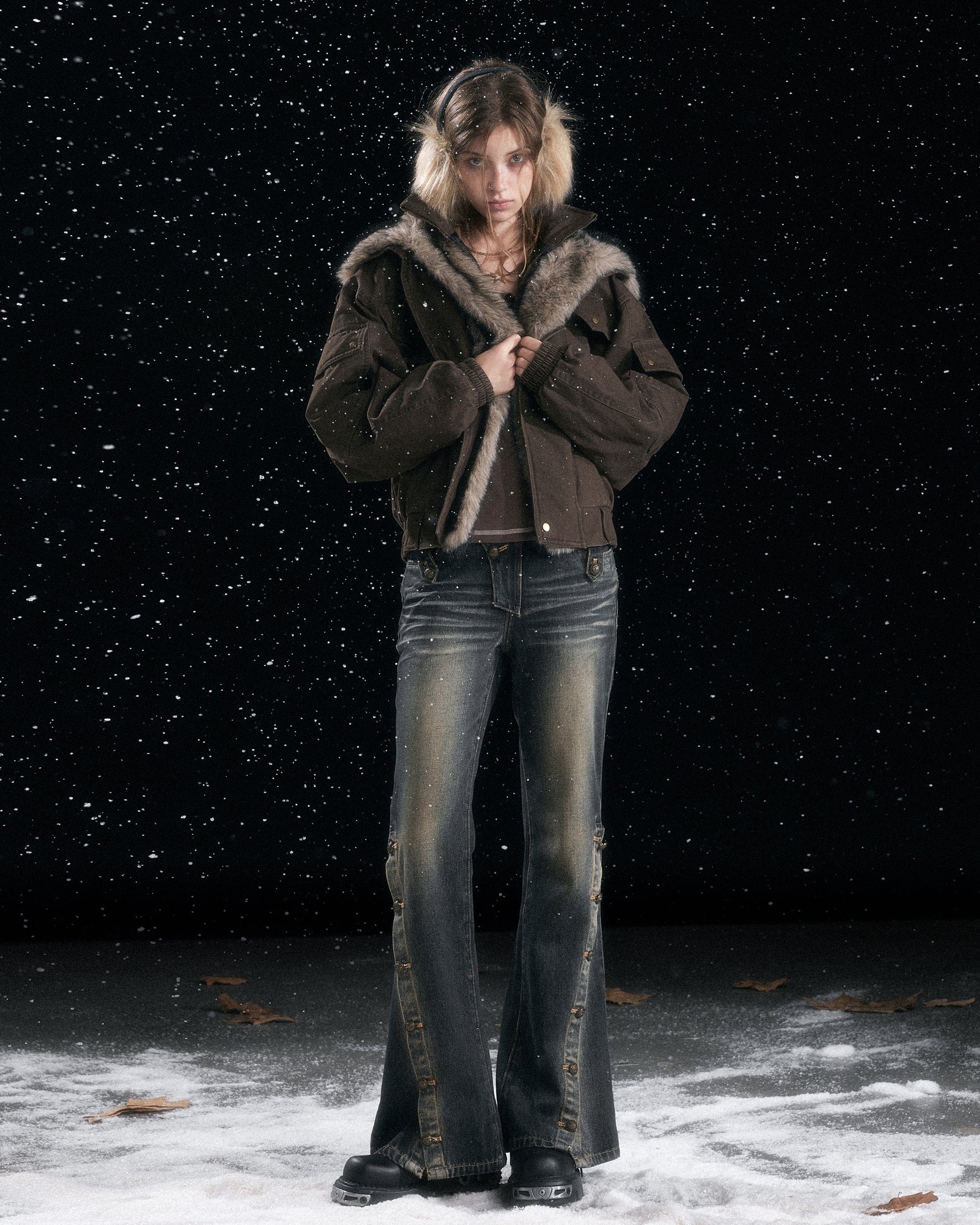 CESTNOUS Retro Detachable Faux-Fur Collar Bomber Jacket