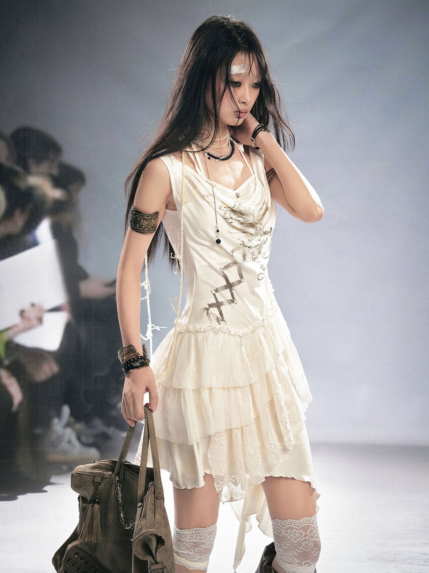 CESTNOUS Asym Layered Lace Cowl Neck Dress