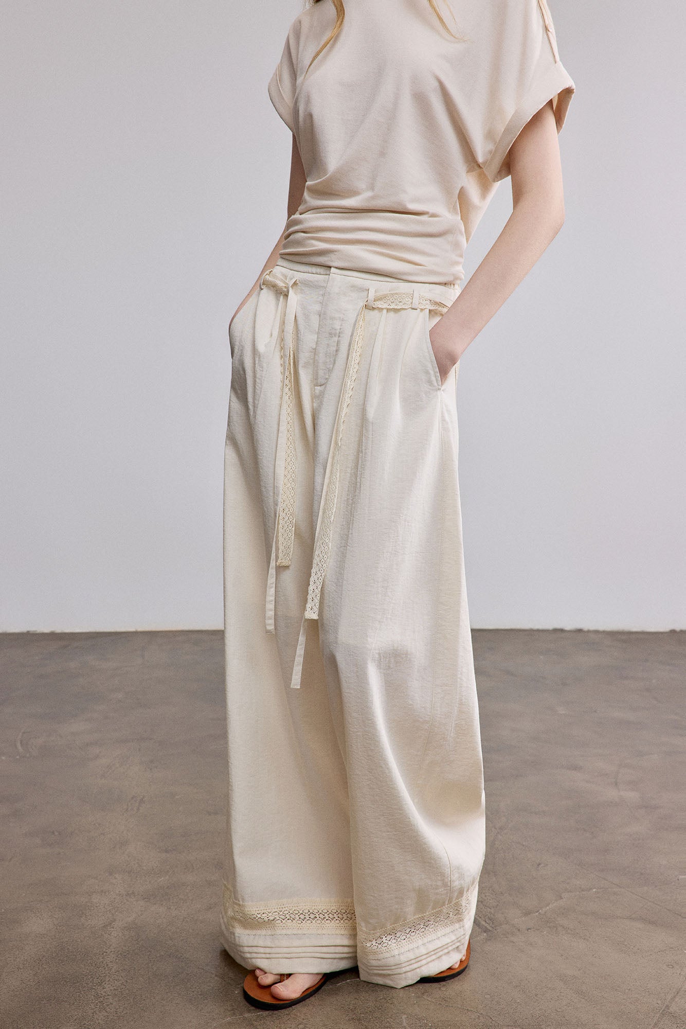 SAME FLOW Lace-Trim Wide-Leg Pants