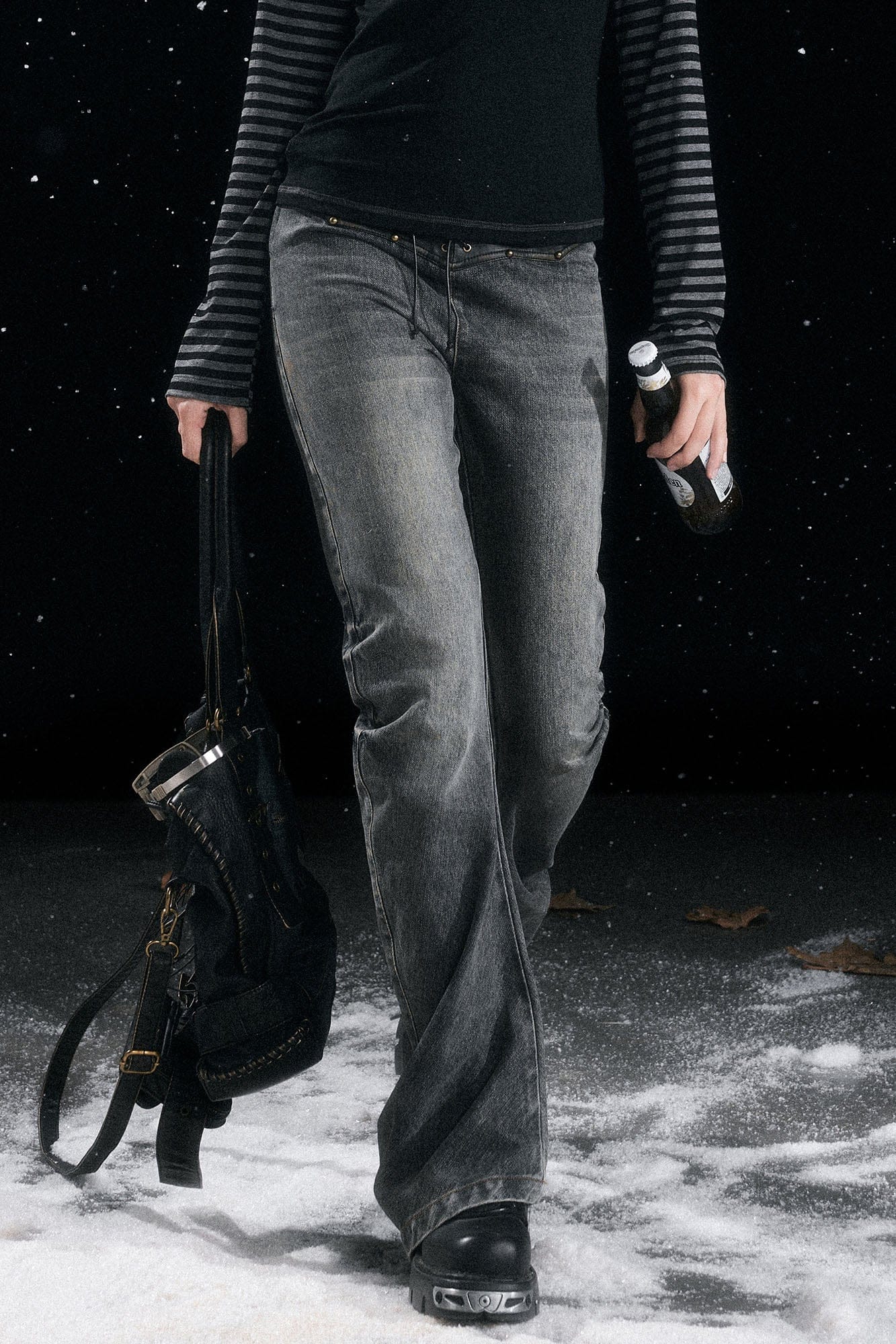 CESTNOUS Faux Leather Corset Waist Washed Jeans