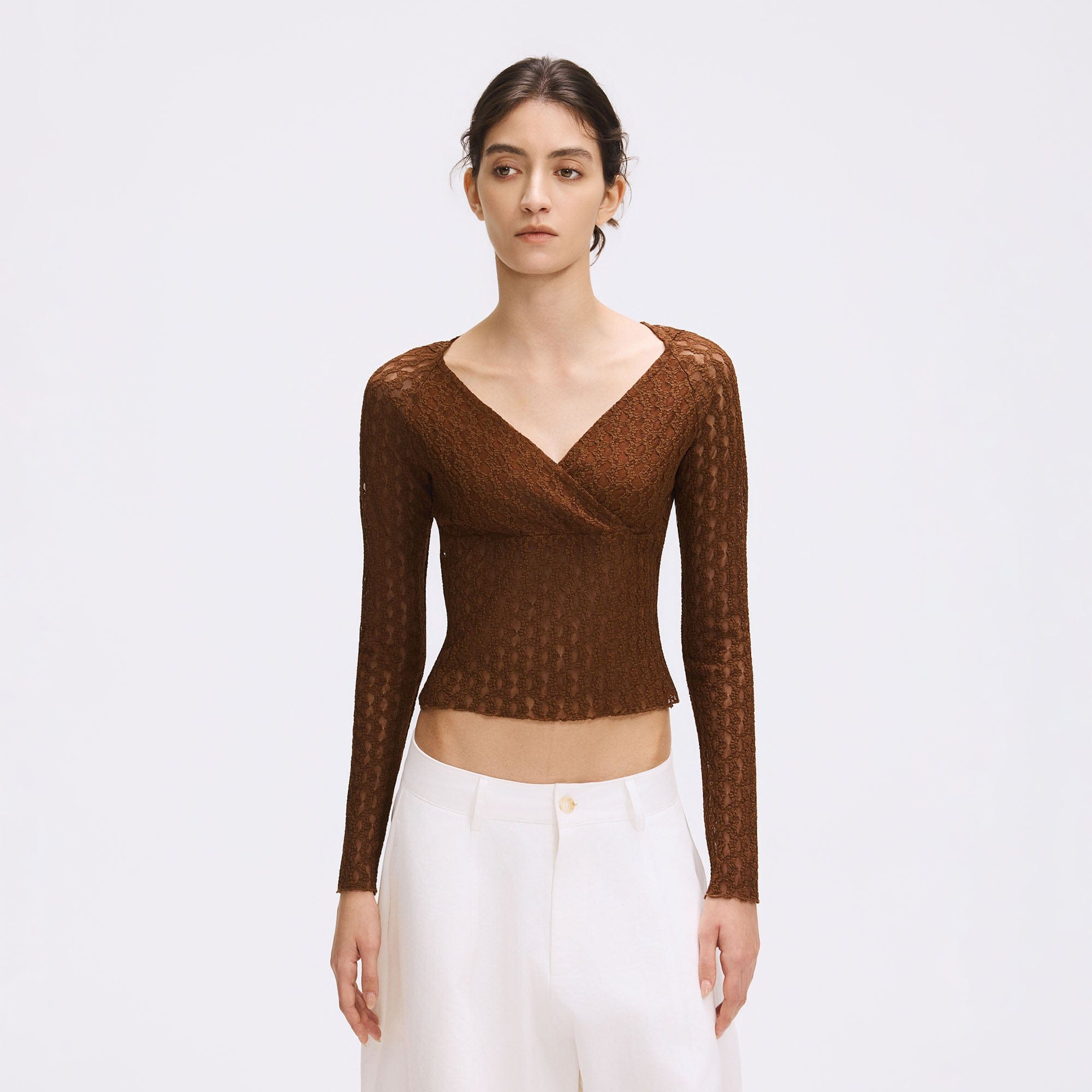 ARTIFICIAL WORLD Lace Wrap-Neck Long-Sleeve Tee