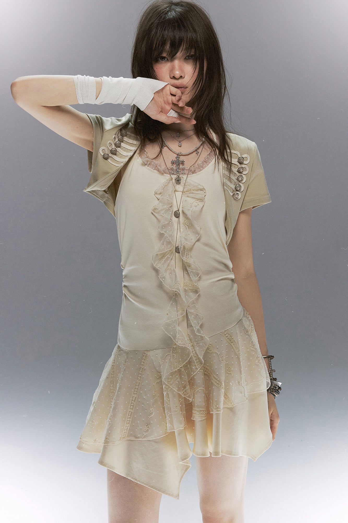 CESTNOUS Napoleon-Braid Layer Ruffle Mini Dress