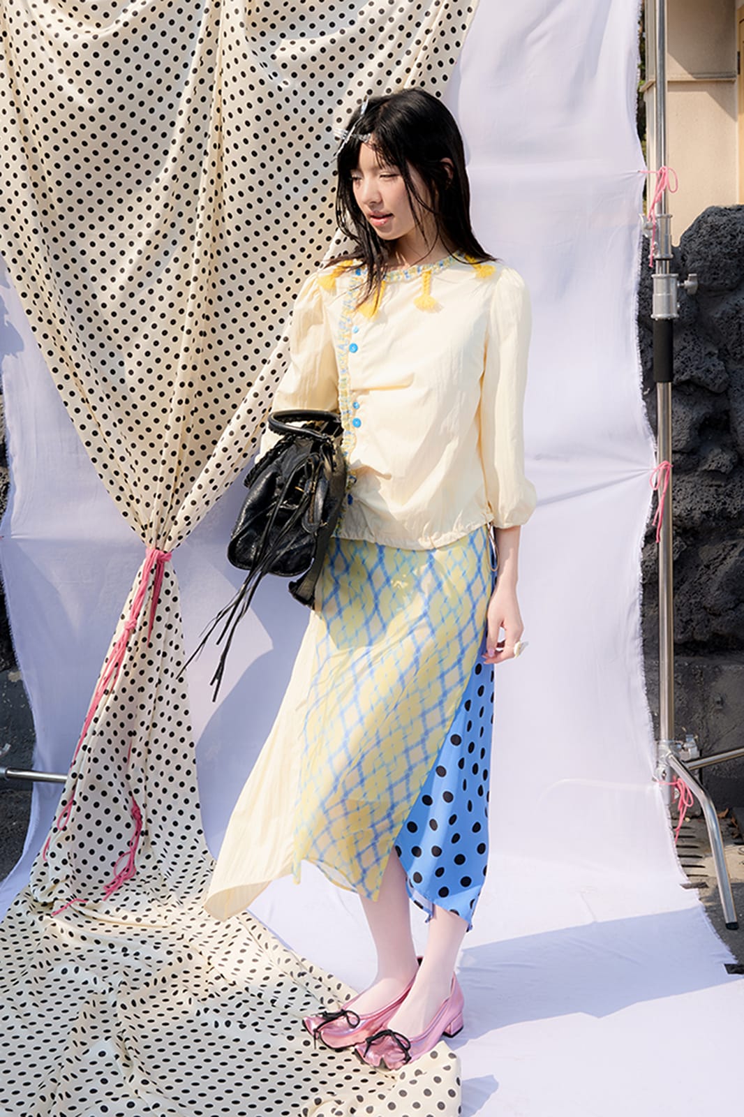 UNSOCIAL NIGHT Spliced Polka-Dot Diamond Midi Skirt