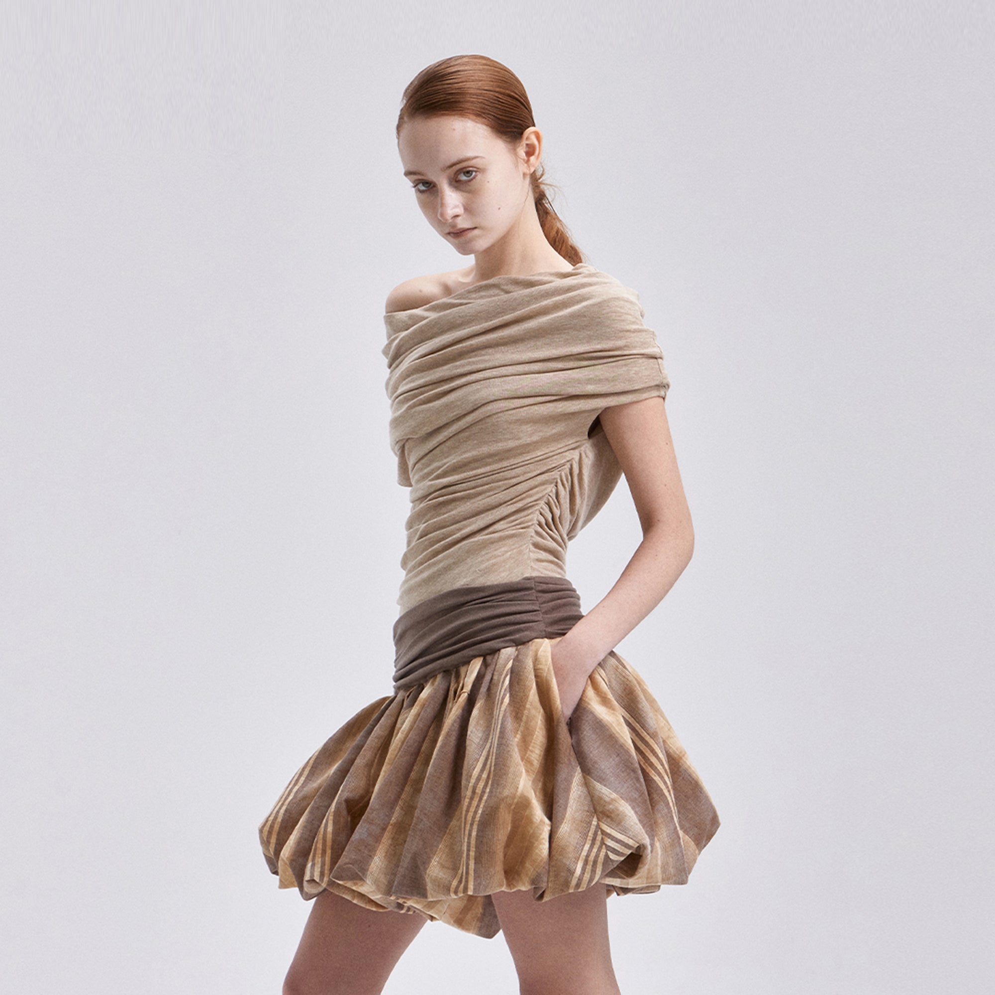 VERSION9 Off-Shoulder Ruched Bubble-Hem Mini Dress