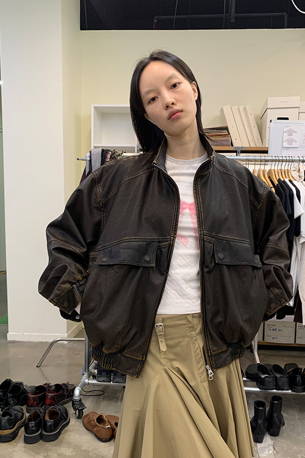 NEVERSEEZ Washed Faux Leather Zip-Up Bomber Jacket