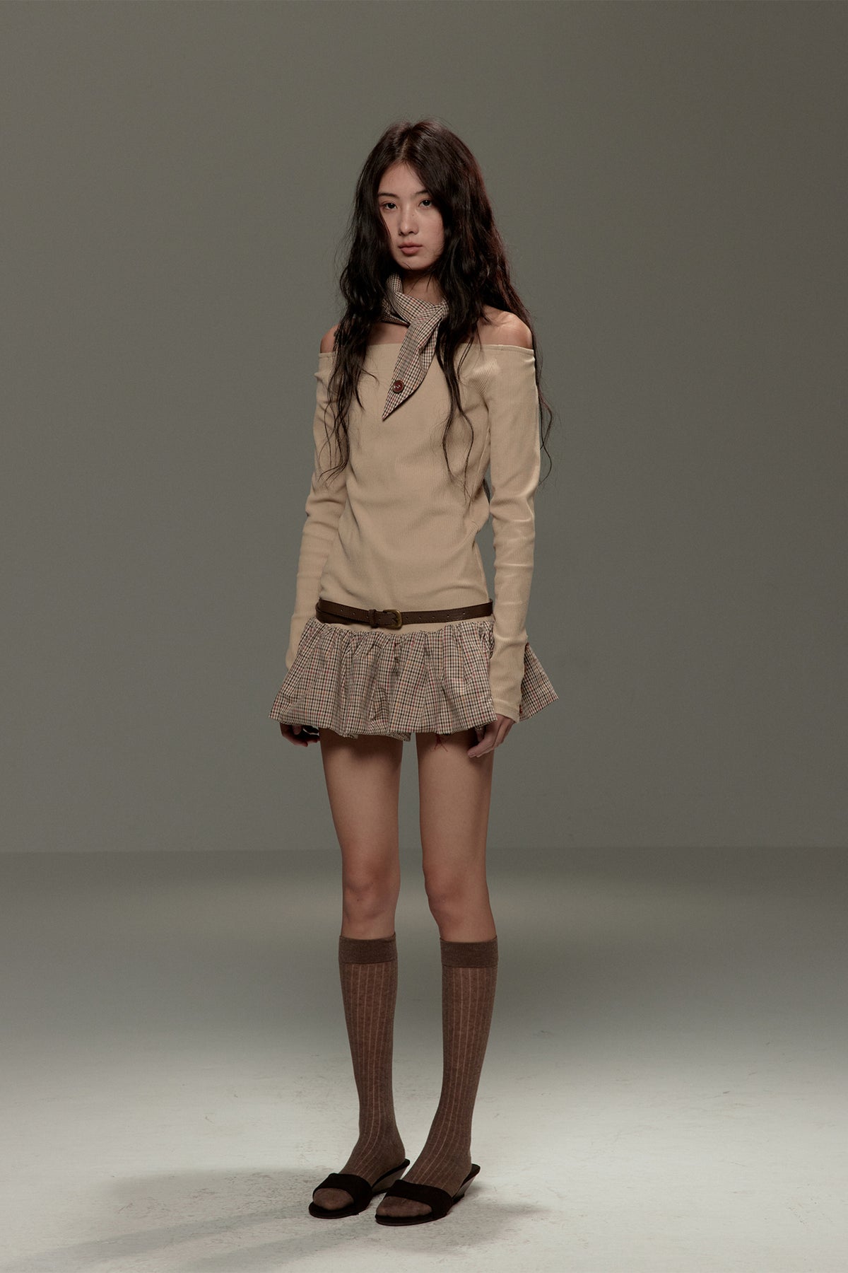 LVETONG Off-Shoulder Plaid Spliced Knit Mini Dress