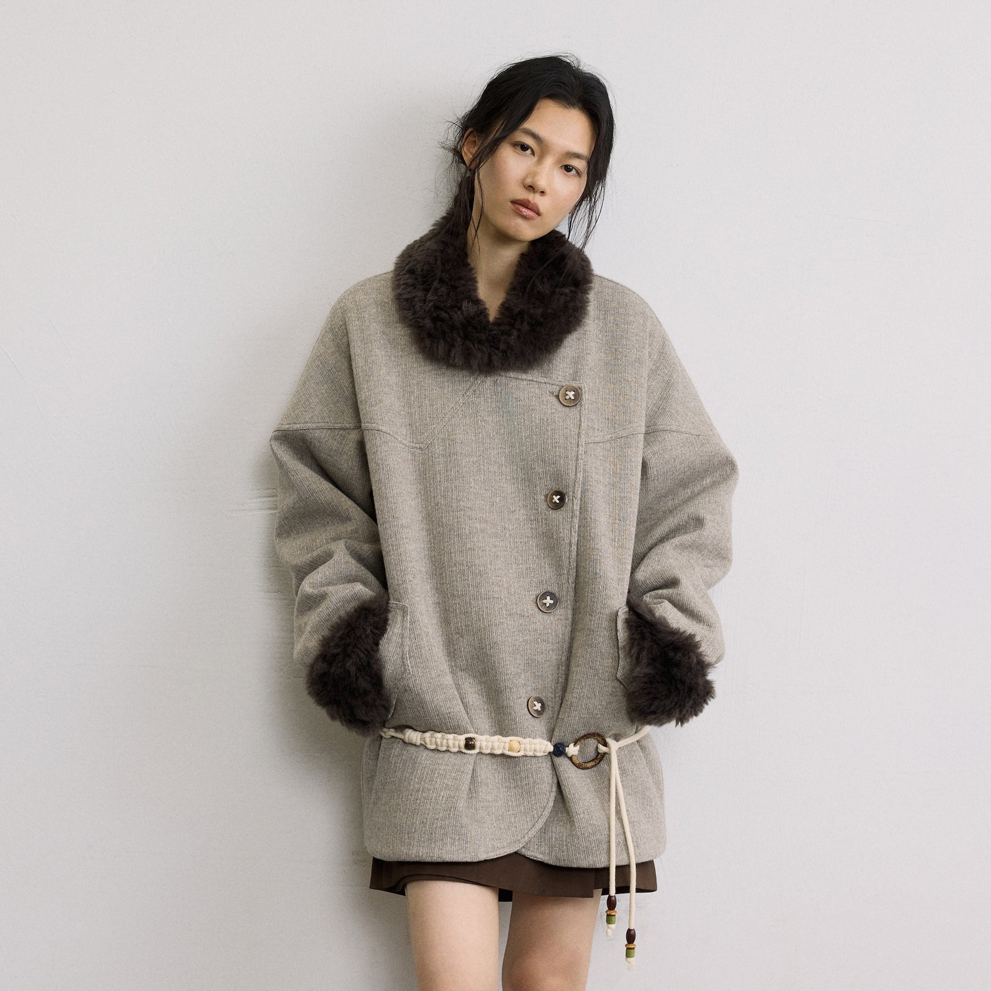 SAME FLOW Asym Faux Fur Trim Paneled Jacket