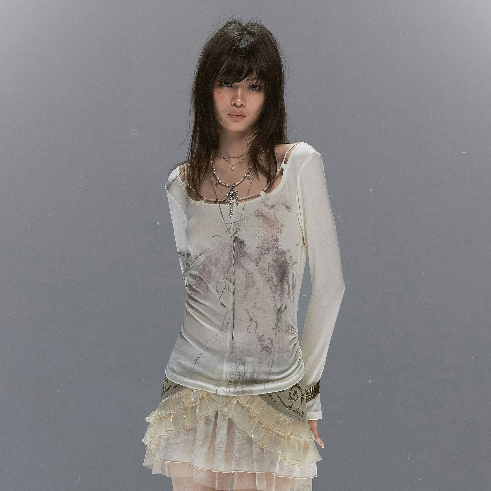 CESTNOUS Graphic Lace-Trim Tencel Long-Sleeve Tee