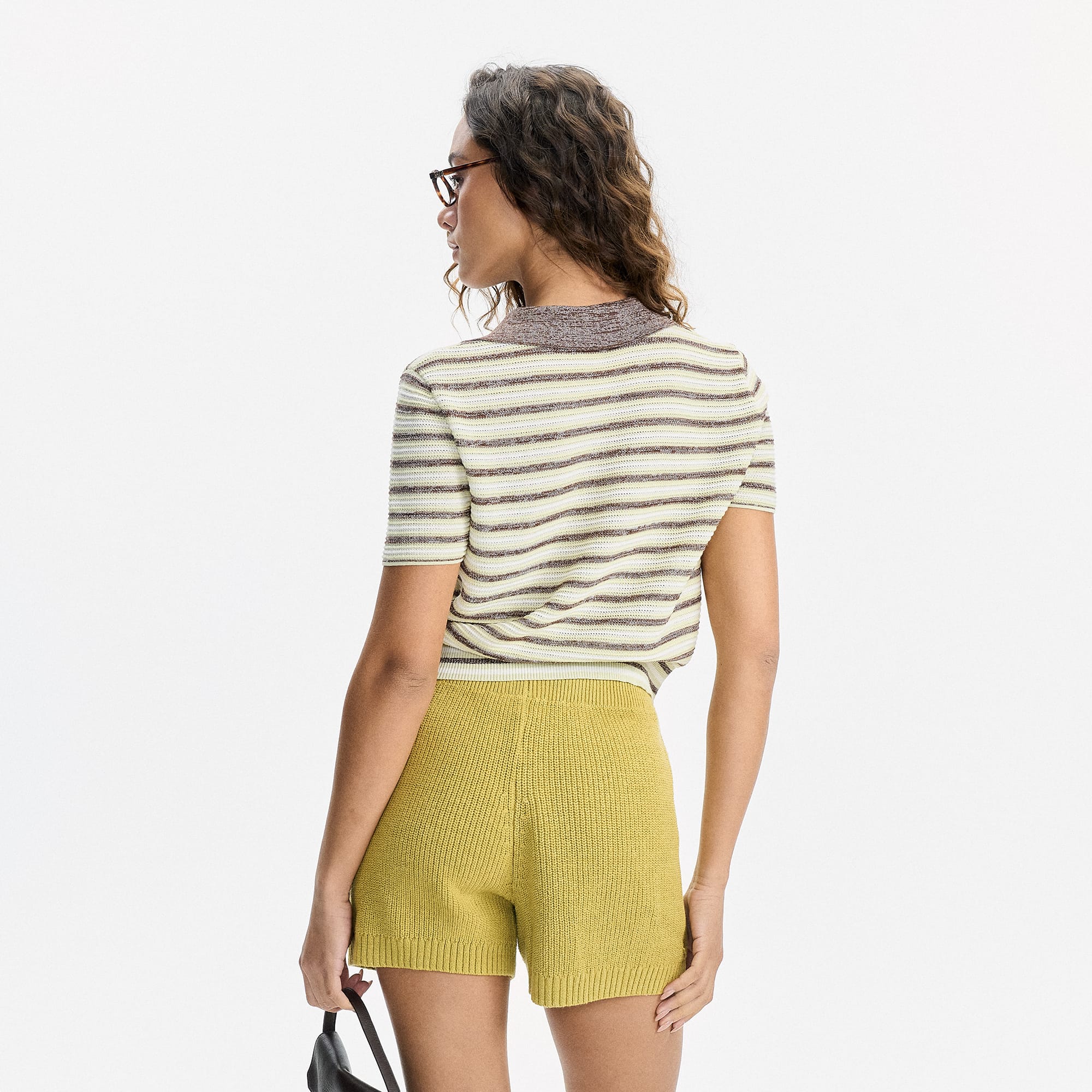 LEONSENSE Striped Pointelle Polo Knit Top