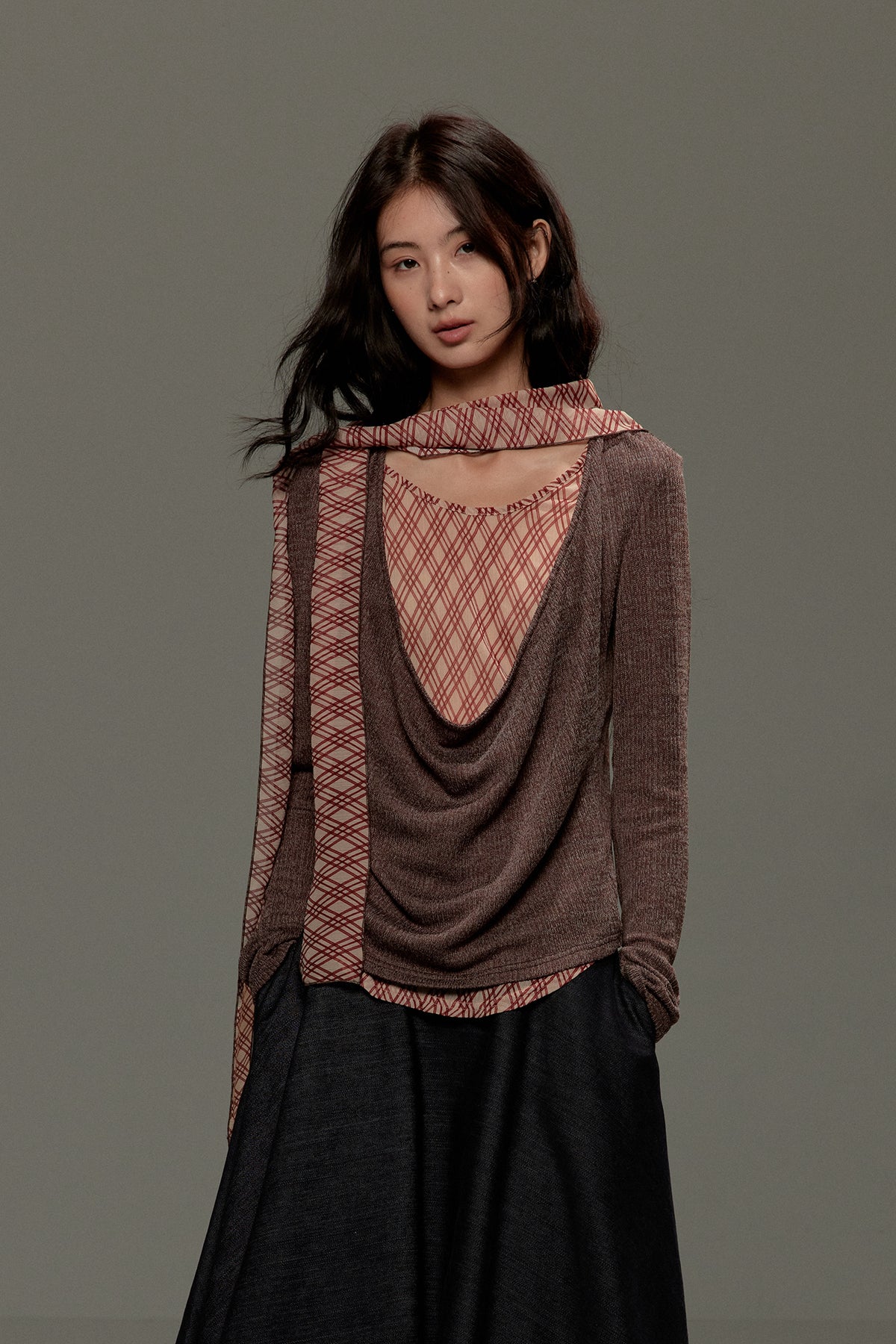 LVETONG Layered Plaid Scarf-Tie Cowl Long-Sleeve Tee
