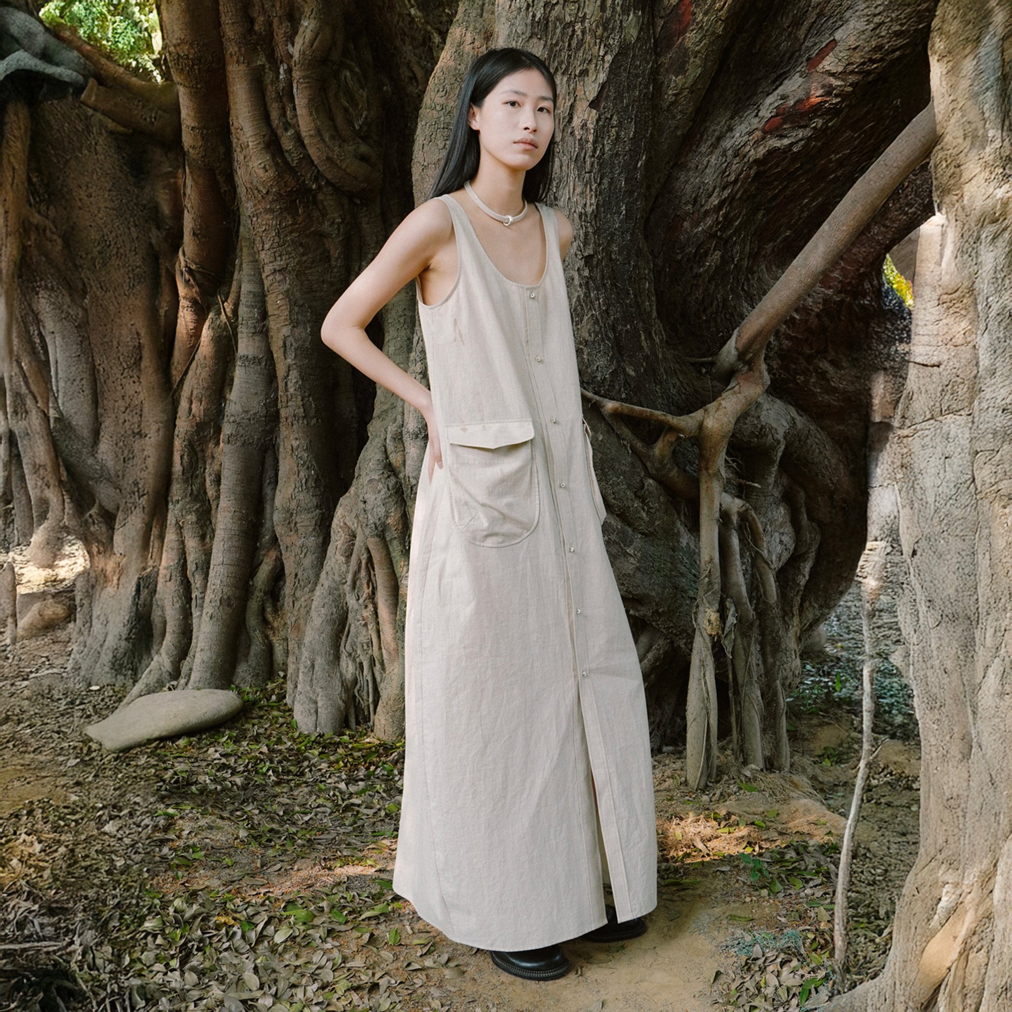 CAIRA Utility Pocket Button-Front Maxi Dress
