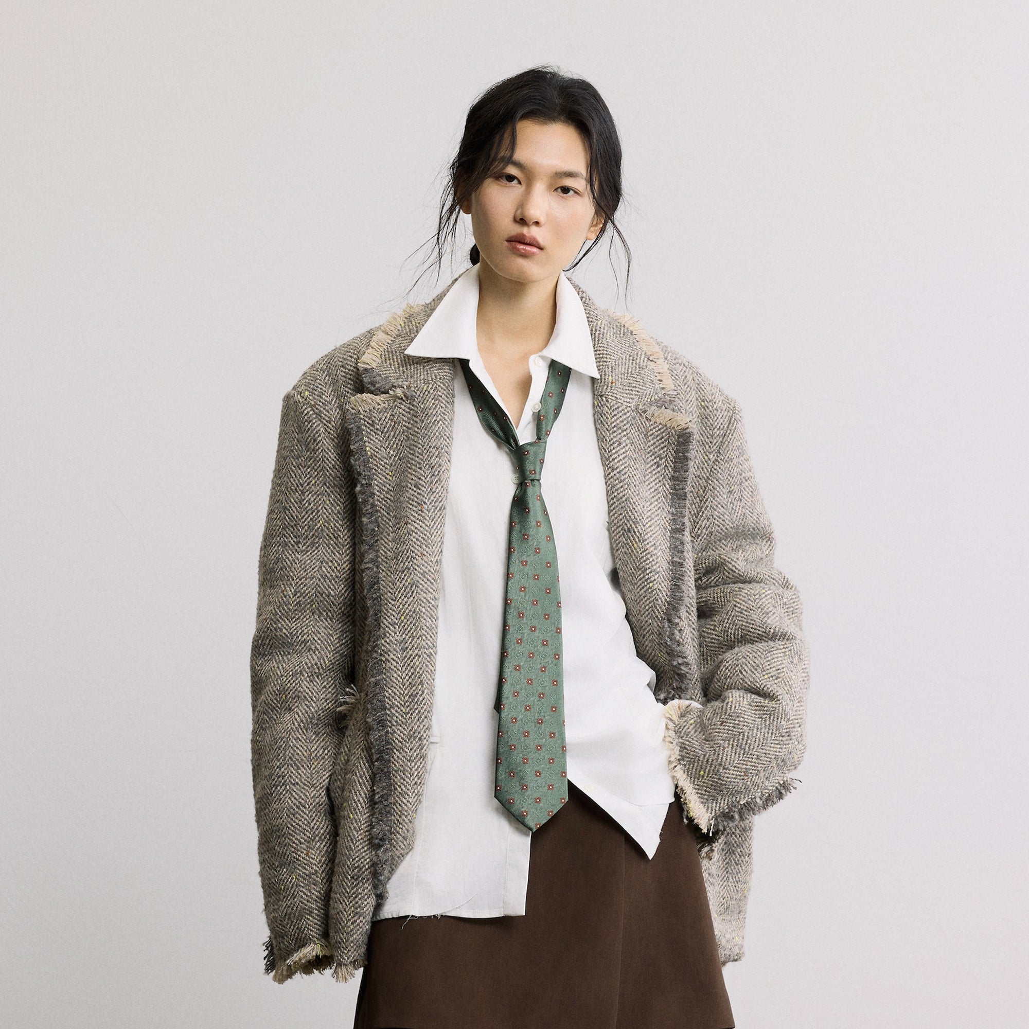 SAME FLOW Frayed Herringbone Insulated Wool-Blend Blazer