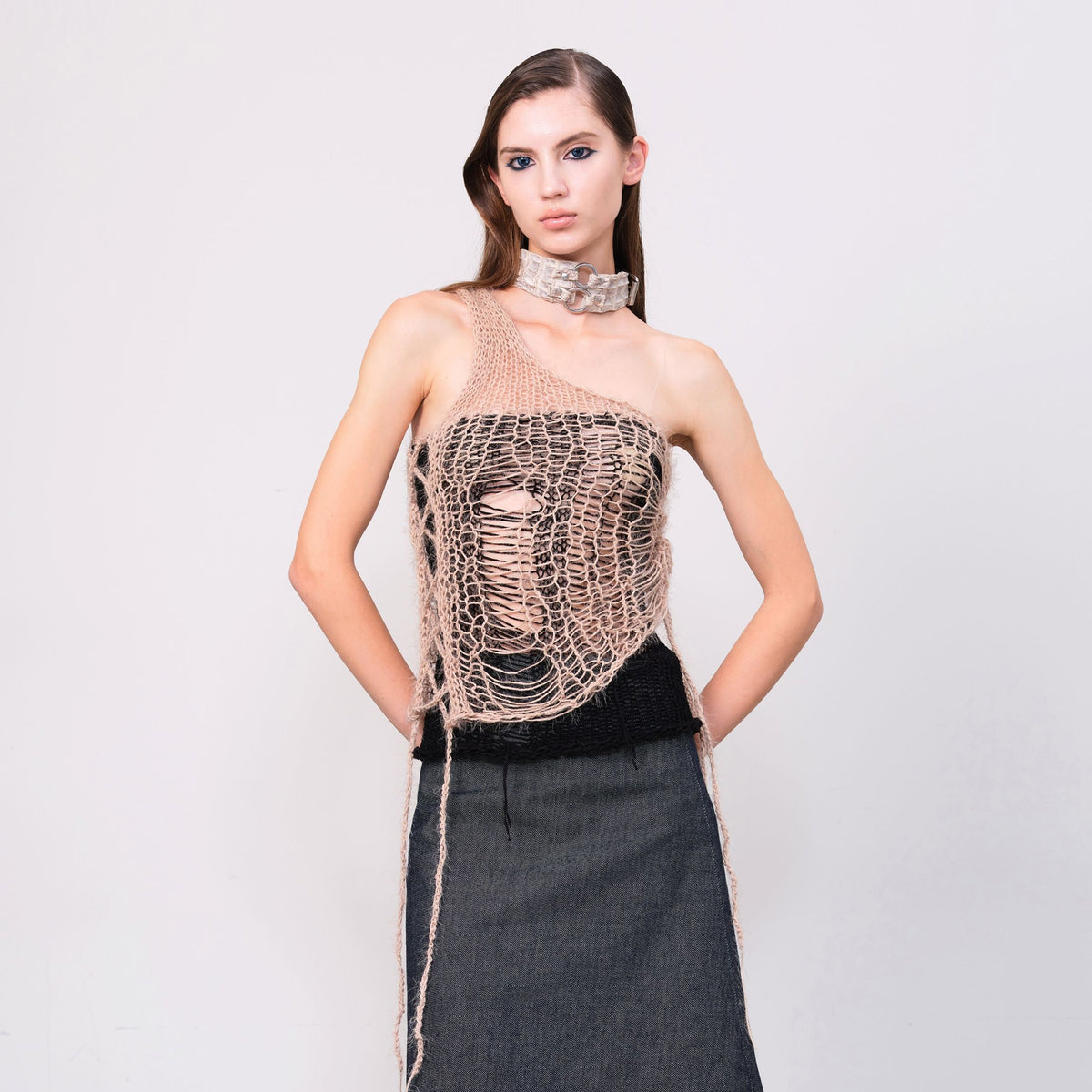 JUEJUEWORKS Open-Knit One-Shoulder Layered Tank Top