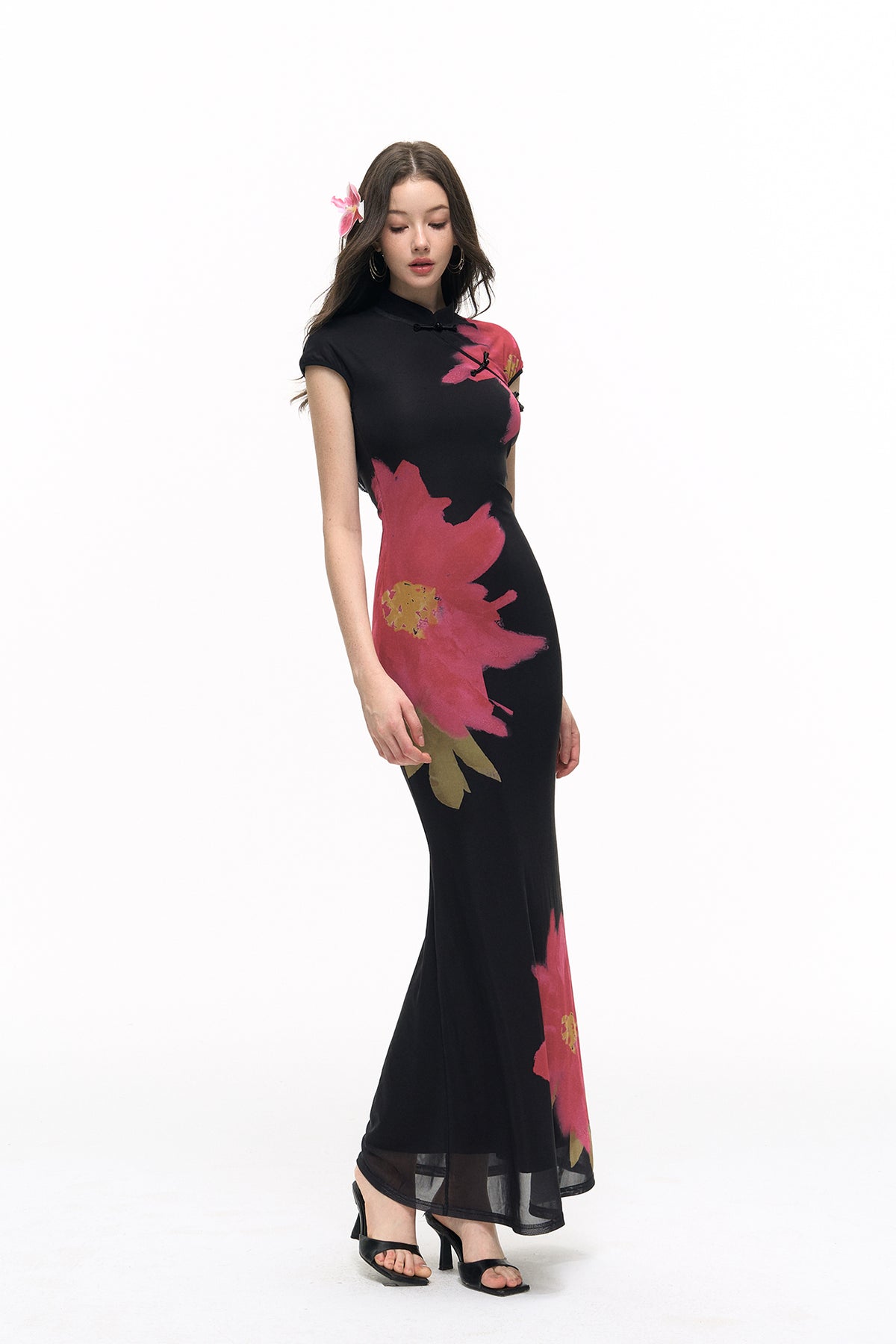 HIIMDAI Floral-Print Slim Qipao Maxi Dress