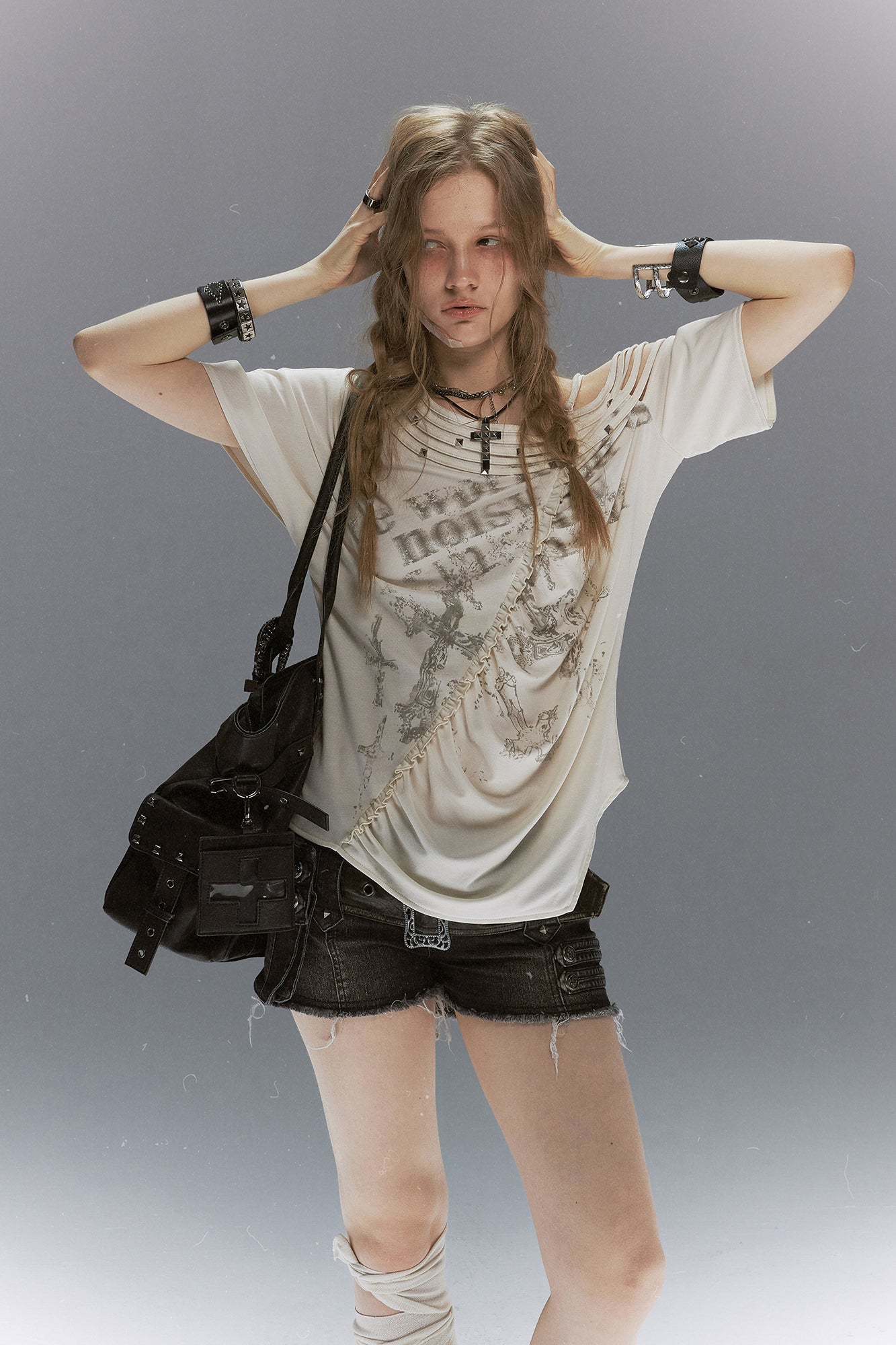 CESTNOUS Asymmetrical Studded Multi-Strap Graphic T-Shirt