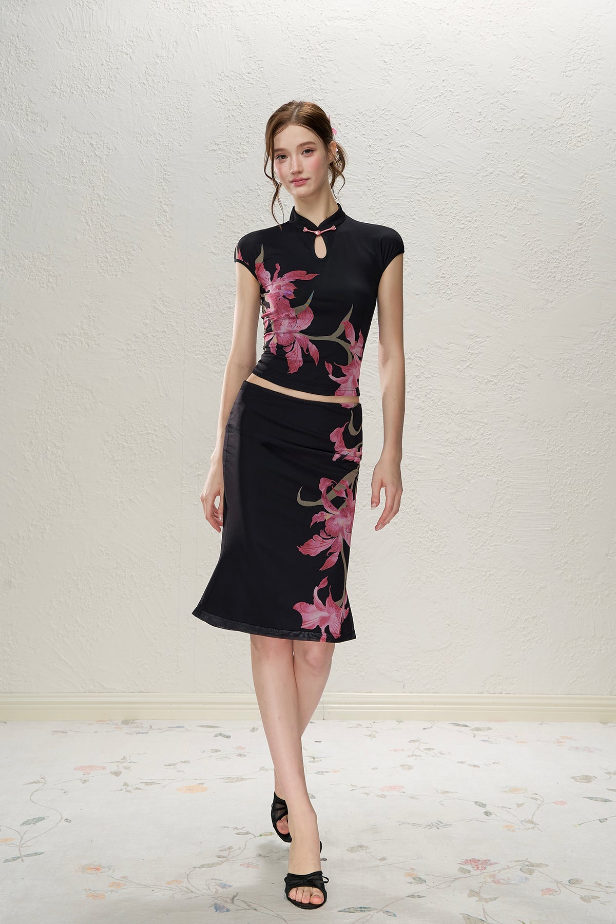 HIIMDAI Floral Frog-Button Qipao Top & Midi Skirt Set