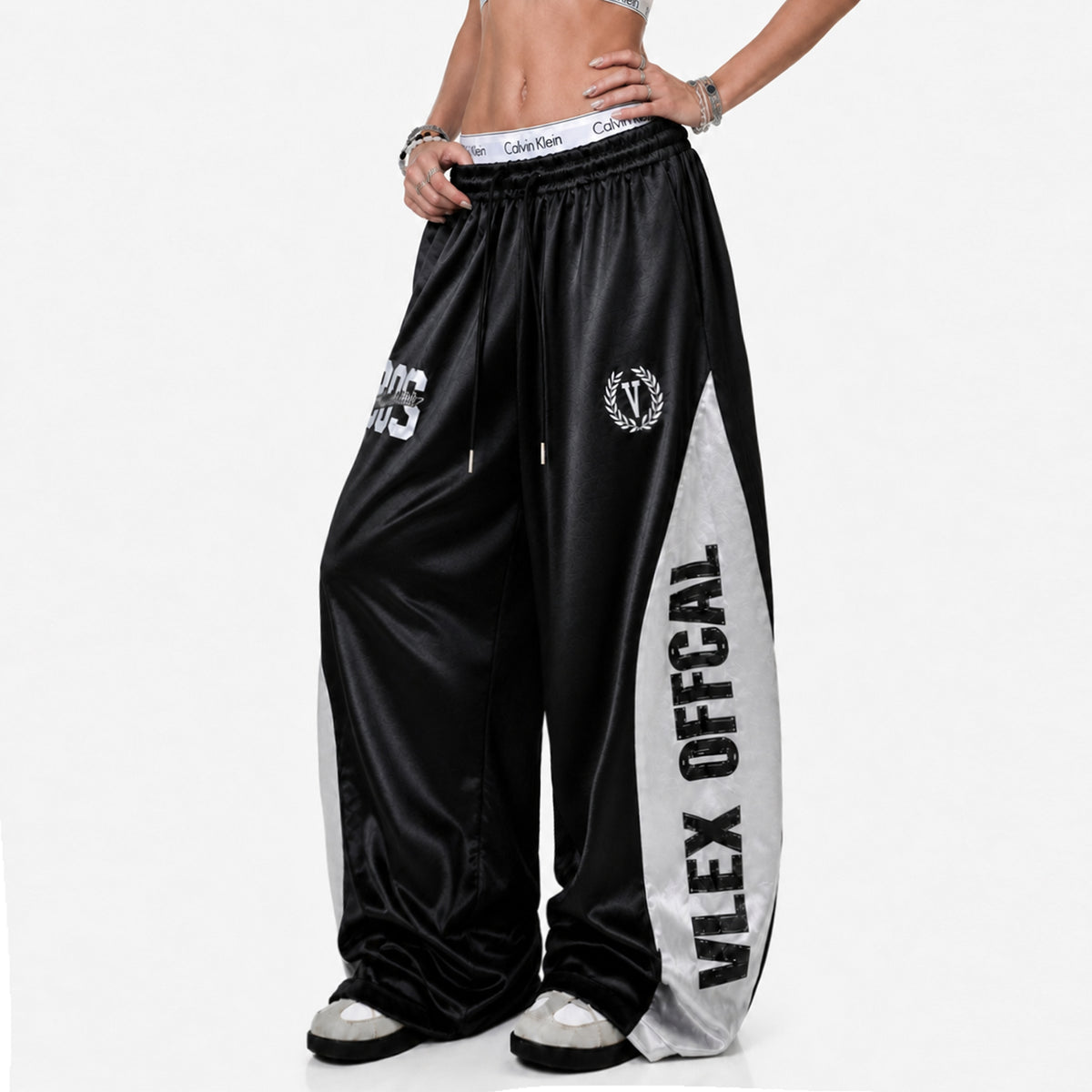 FREE CENTER Spliced Glossy Wide-Leg Sweatpants