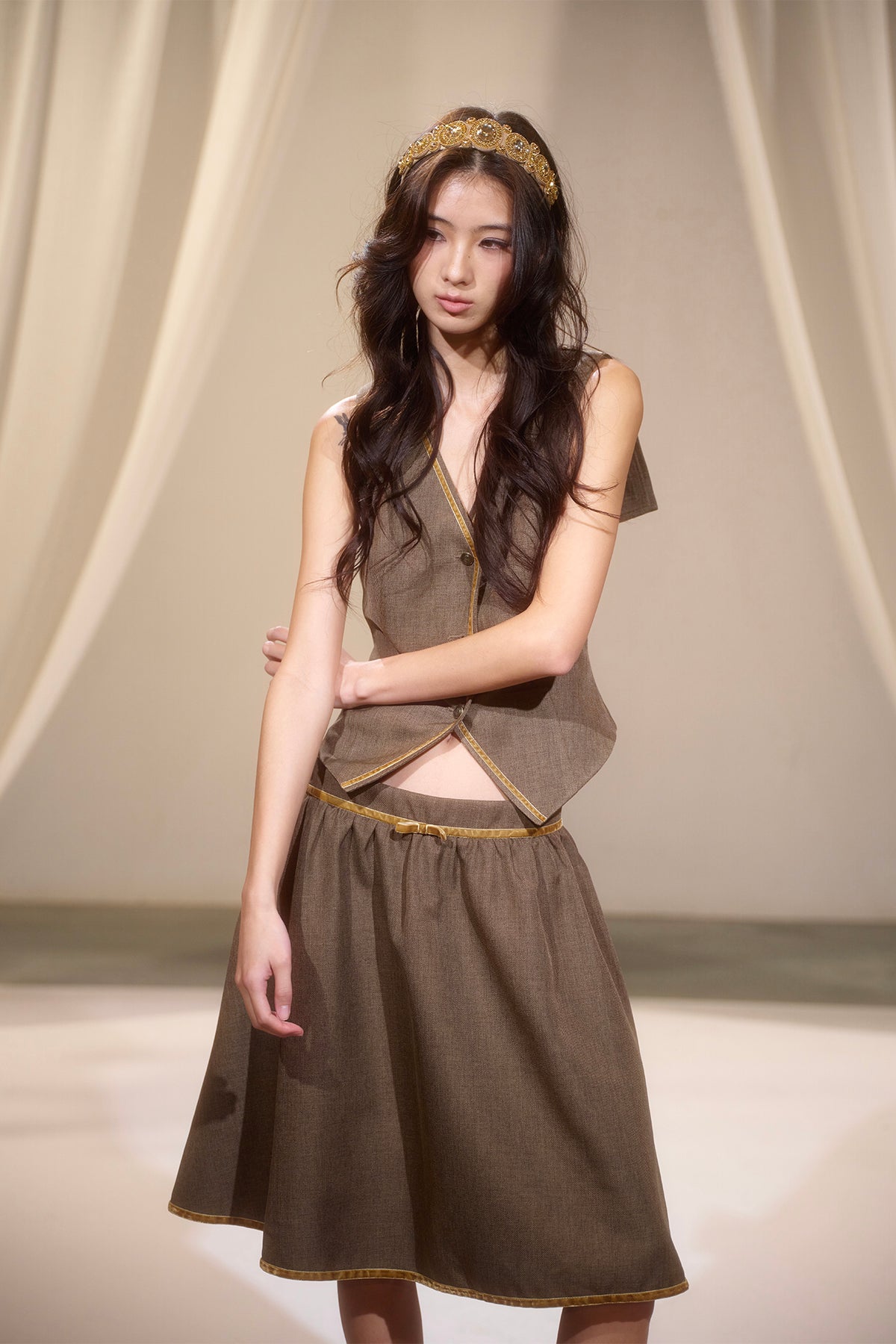 LVETONG Sailor-Collar Belted Vest & Gathered Skirt Set