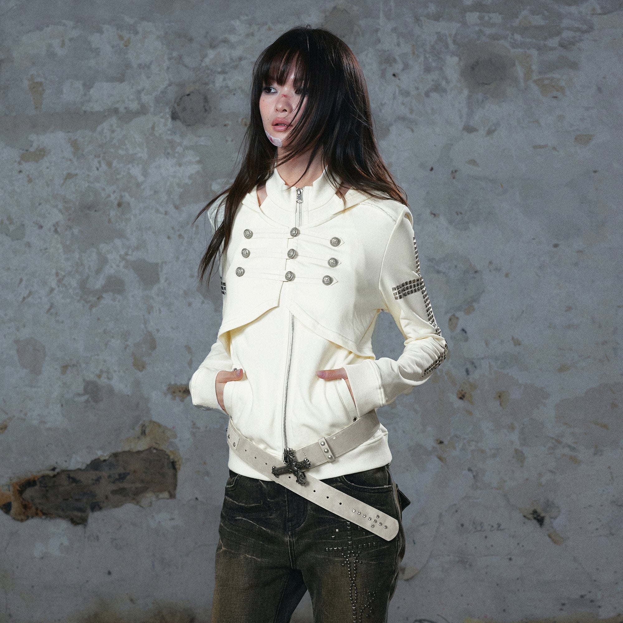 CESTNOUS Punk Metal-Button Napoleon Zip-Up Hoodie